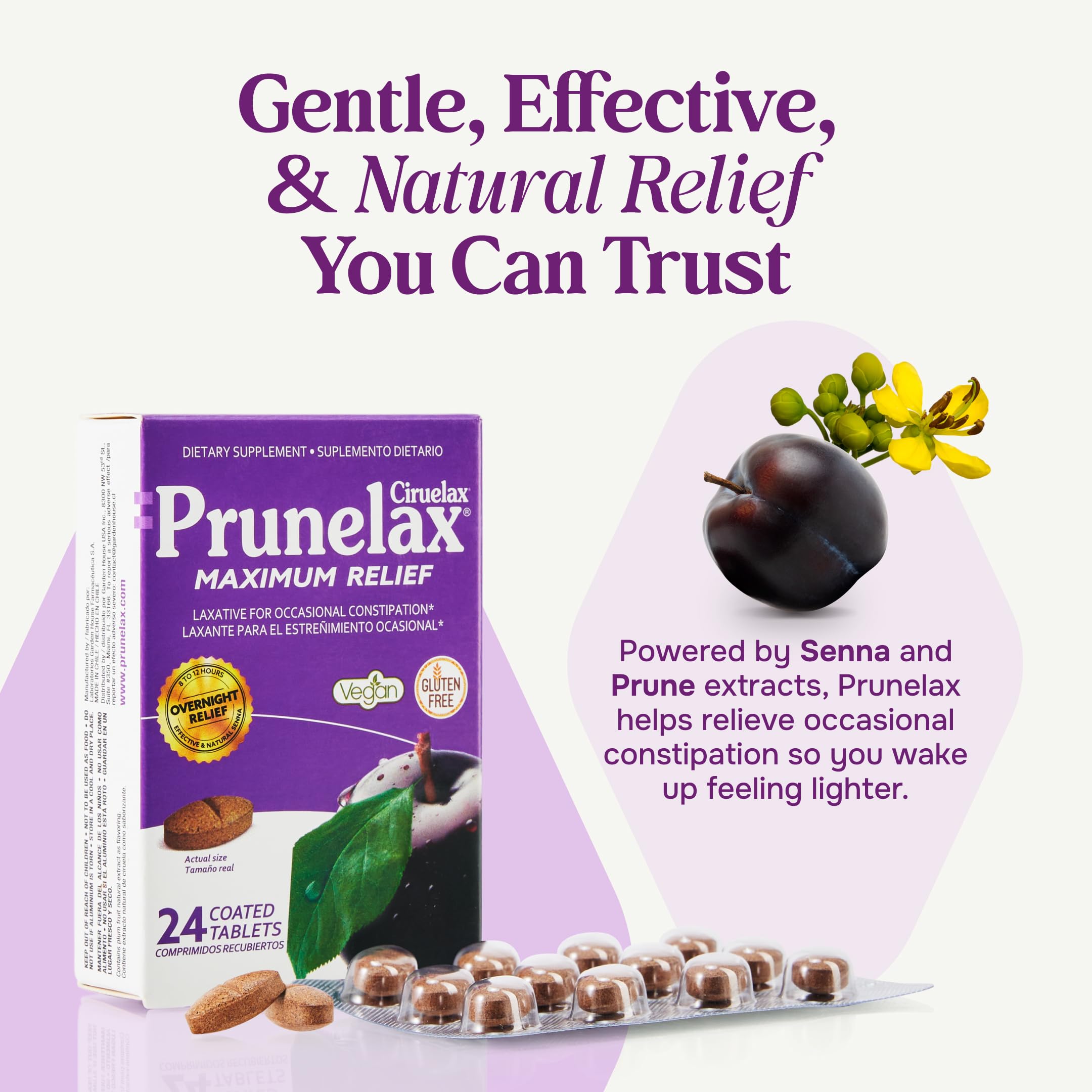 Prunelax Ciruelax caja trasera, información clara de uso y beneficios