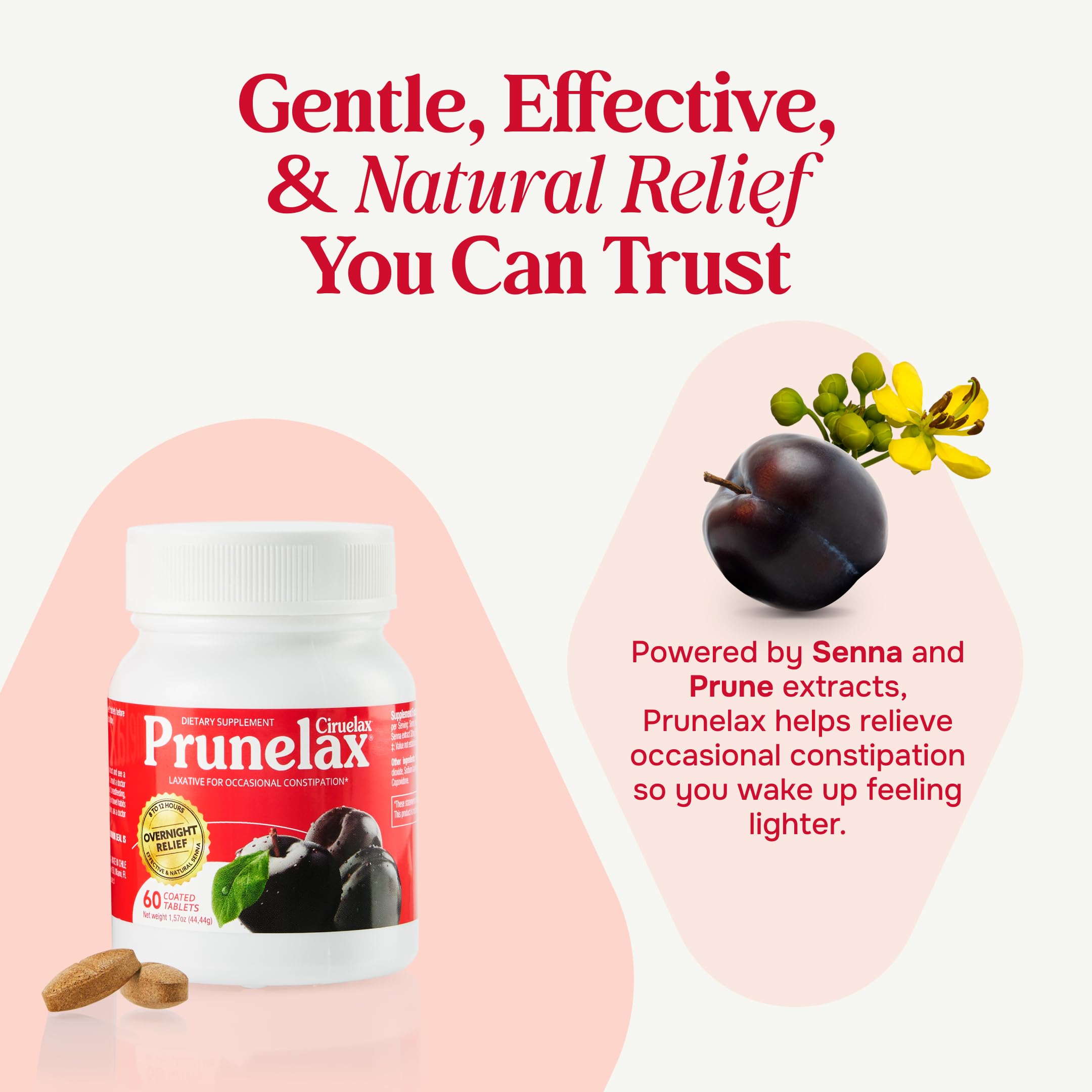 Envase de Prunelax Ciruelax con 60 tabletas, práctico para uso nocturno