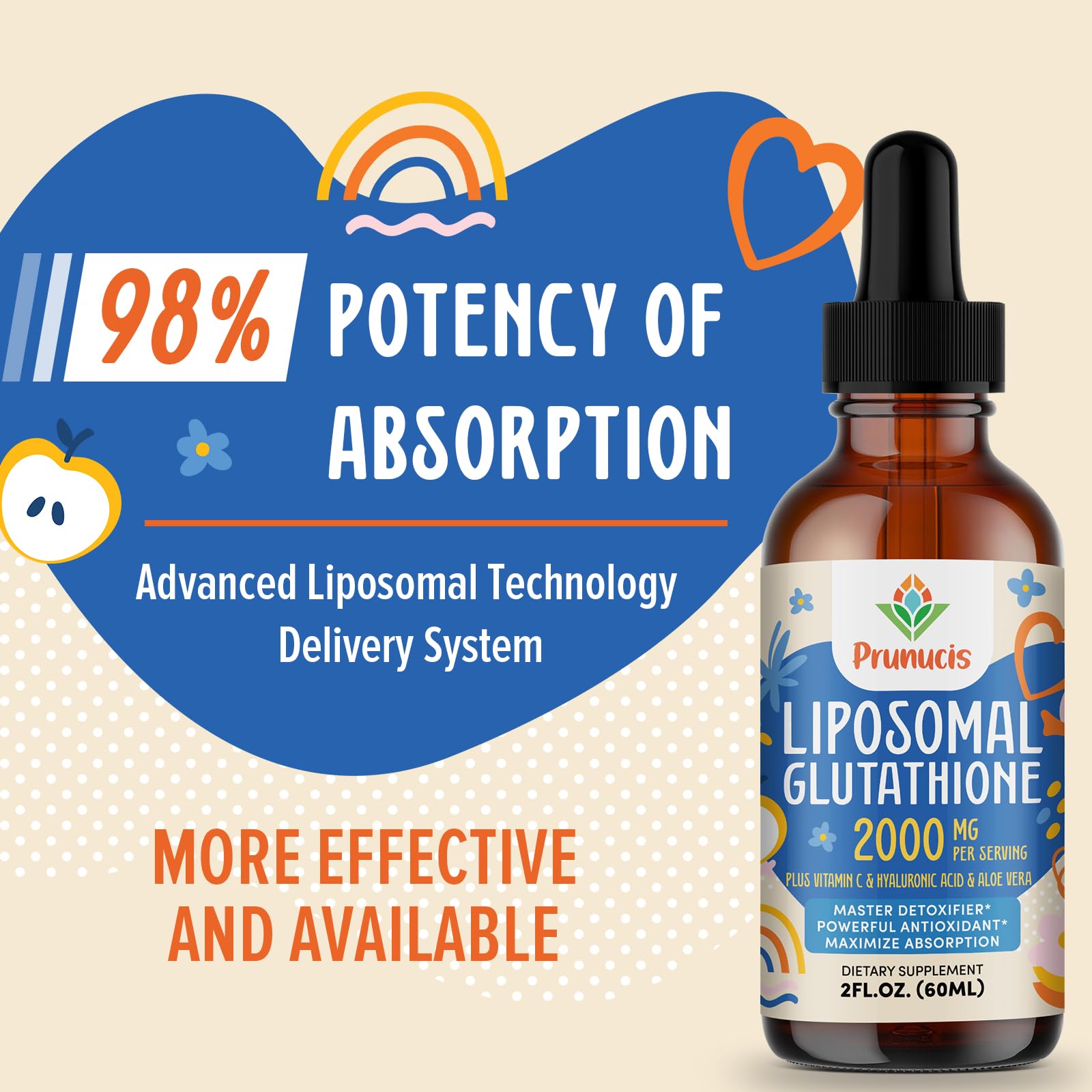 Etiqueta de Prunucis Glutatión Liposomal muestra ingredientes clave y beneficios.