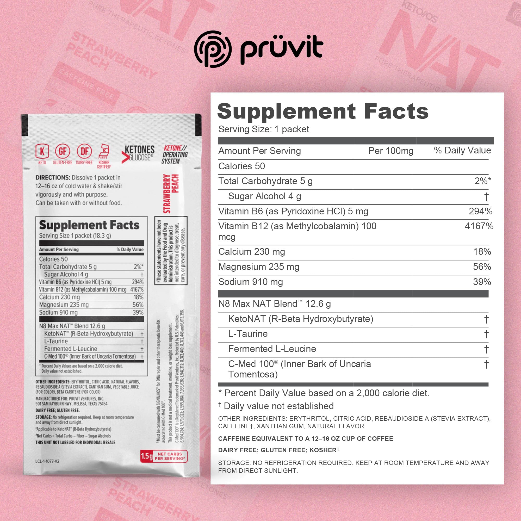 PRÜVIT OS NAT Strawberry Peach, vaso con agua, sabor frutal refrescante.