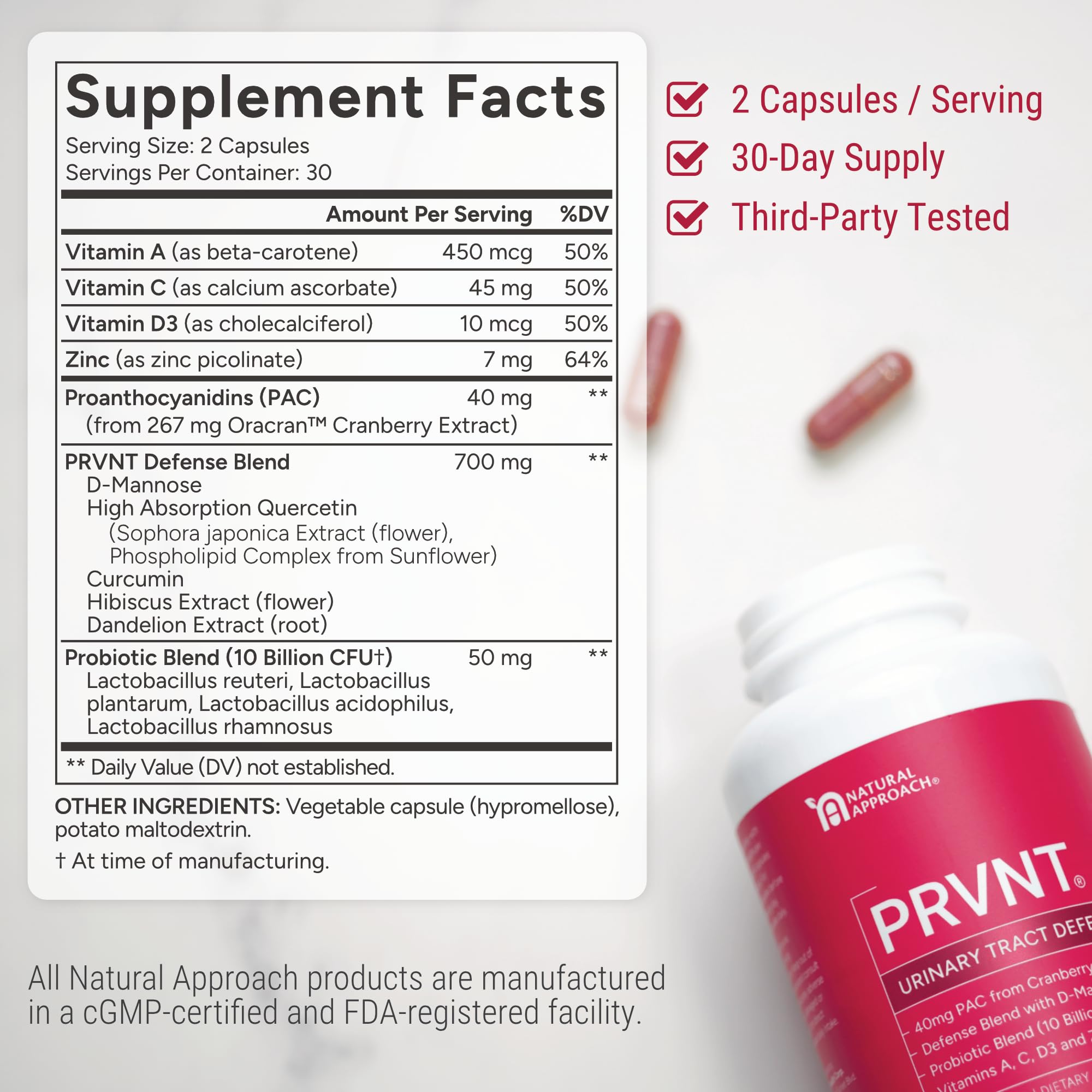 PRVNT etiqueta informativa con ingredientes y beneficios para la salud urinaria.