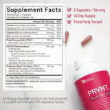 PRVNT etiqueta informativa con ingredientes y beneficios para la salud urinaria.