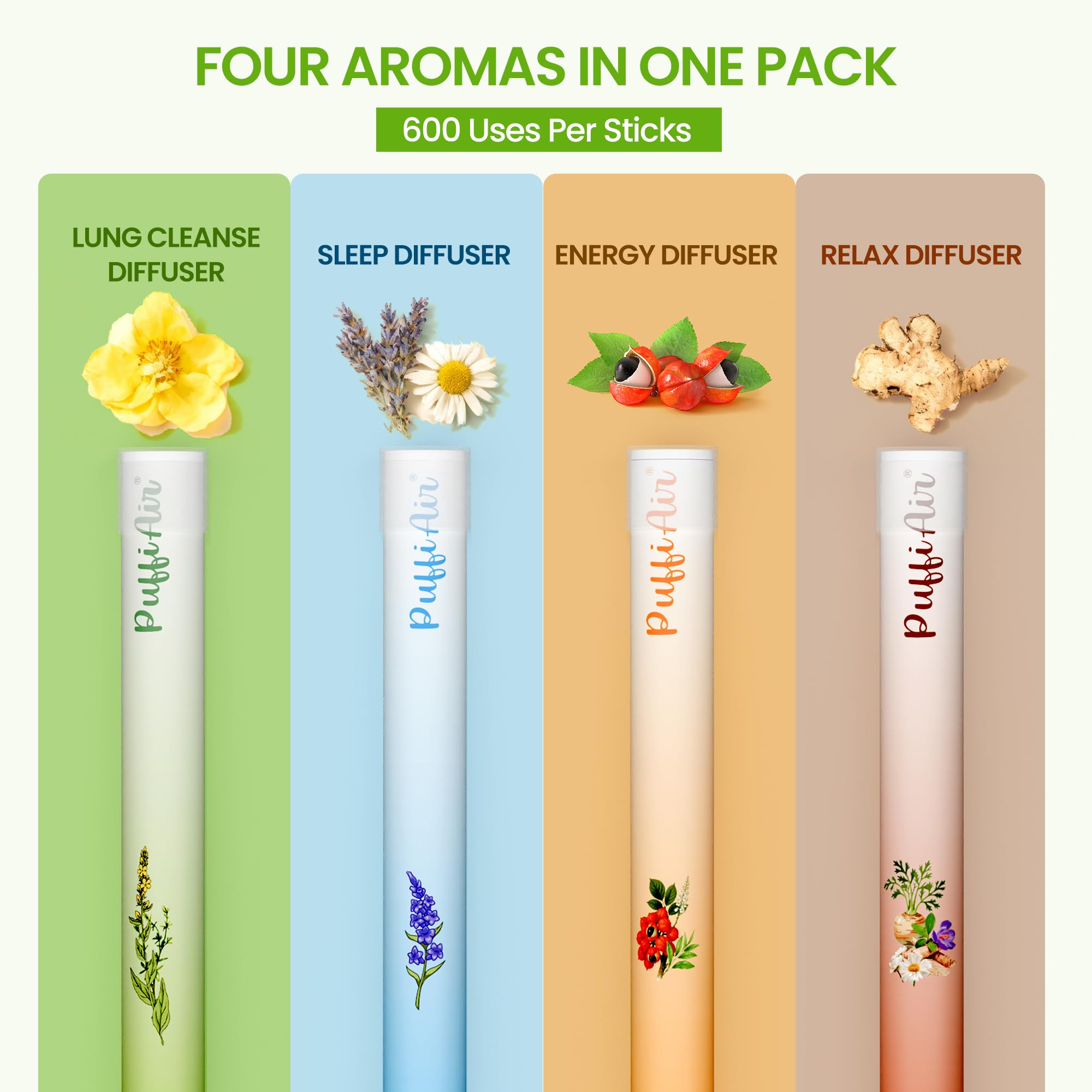 Conjunto PUFFIAIR cuatro-difusores-botanicos: variedad de aromas para momentos distintos.