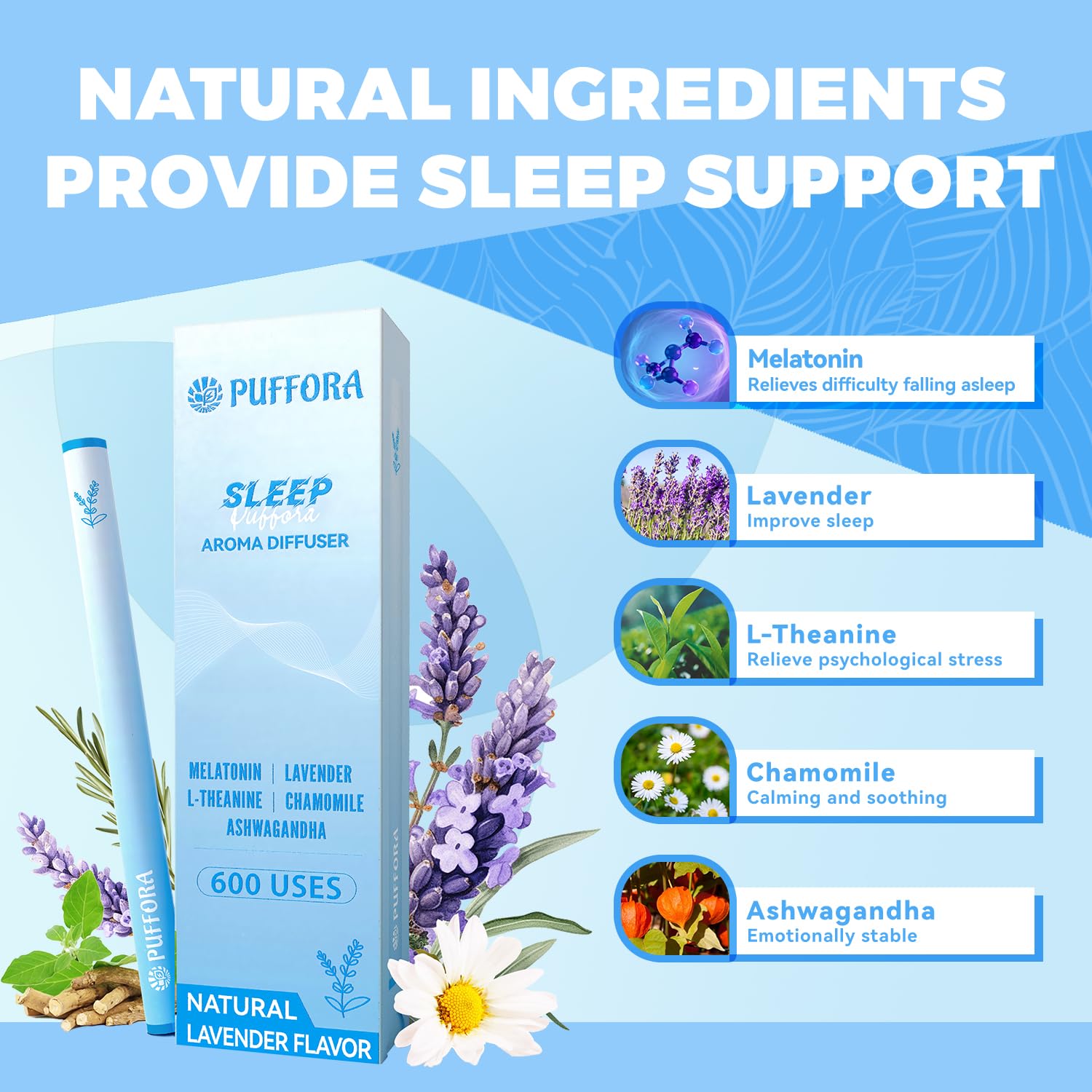 Puffora Melatonina: difusor ashwagandha para relajación suave