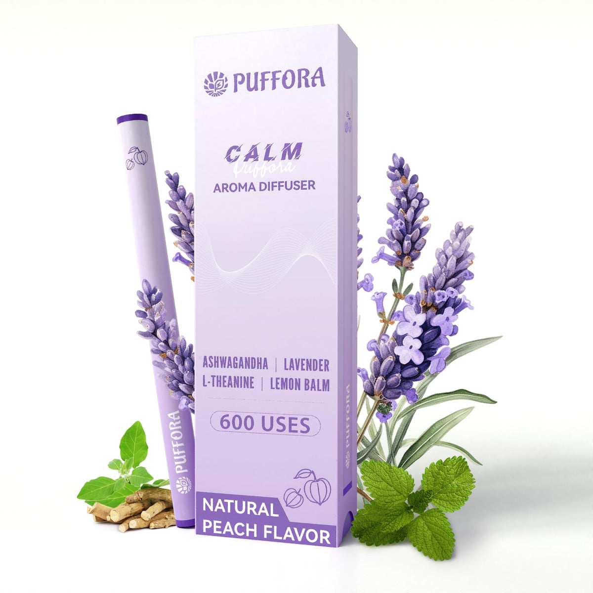 Puffora: Pluma de aromaterapia con ashwagandha y lavanda para calma diaria.