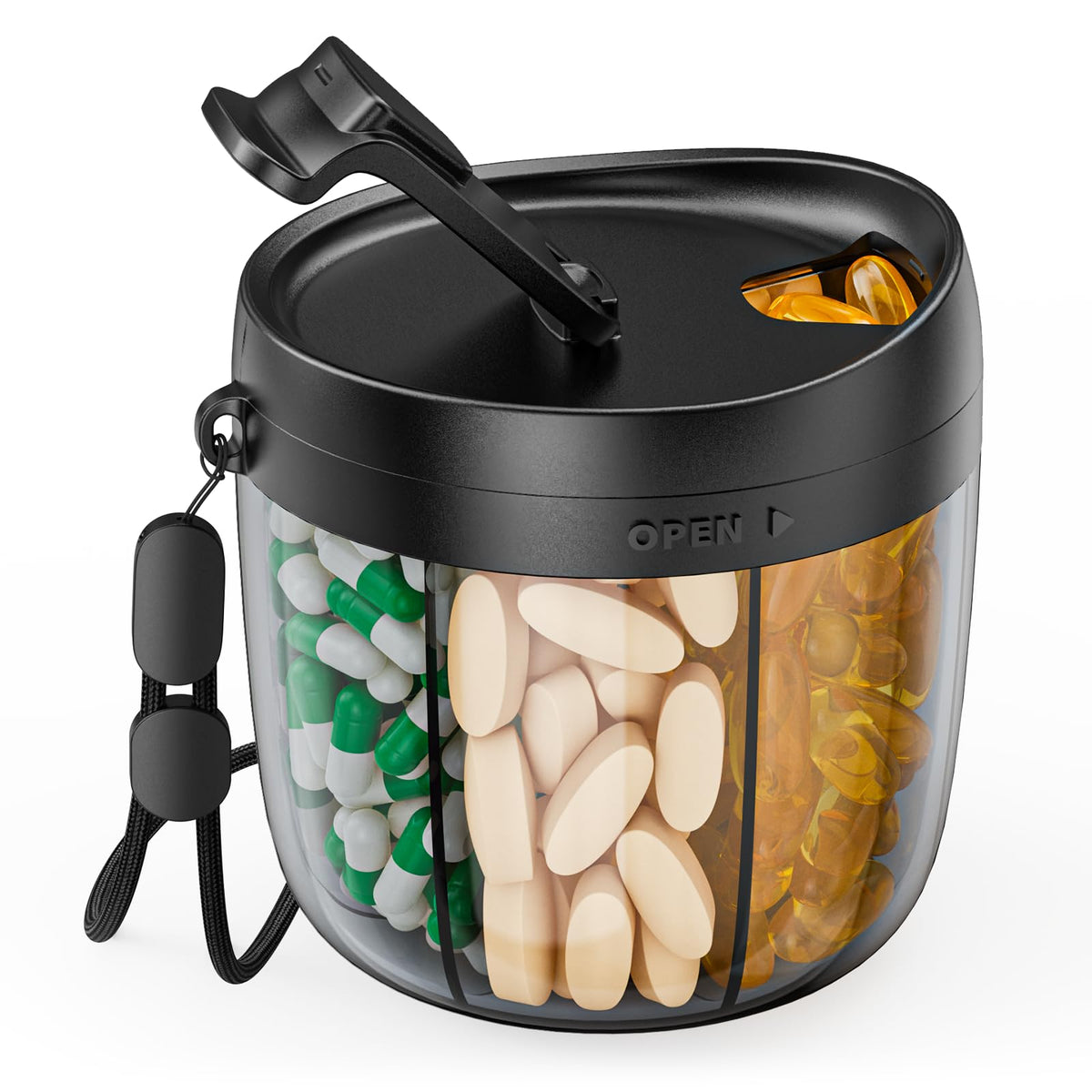 PULIV botellita portátil para pastillas con 7 compartimentos, ideal para viaje.