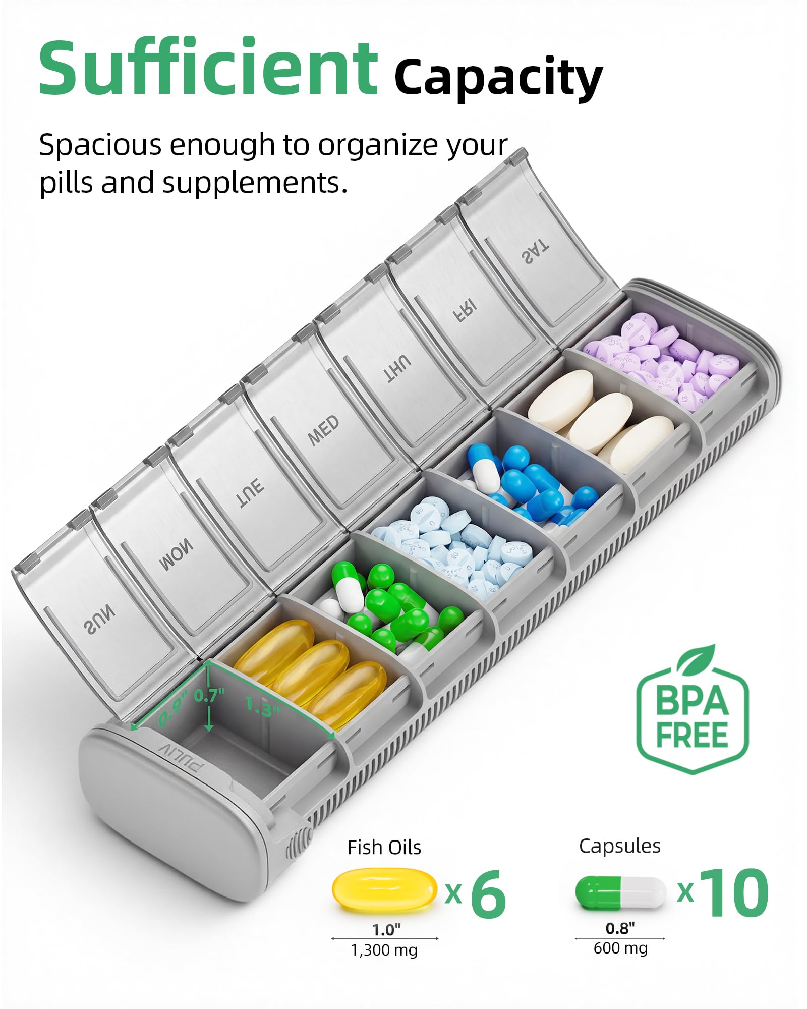 Puliv capacidad semanal para dosis de vitaminas y suplementos.