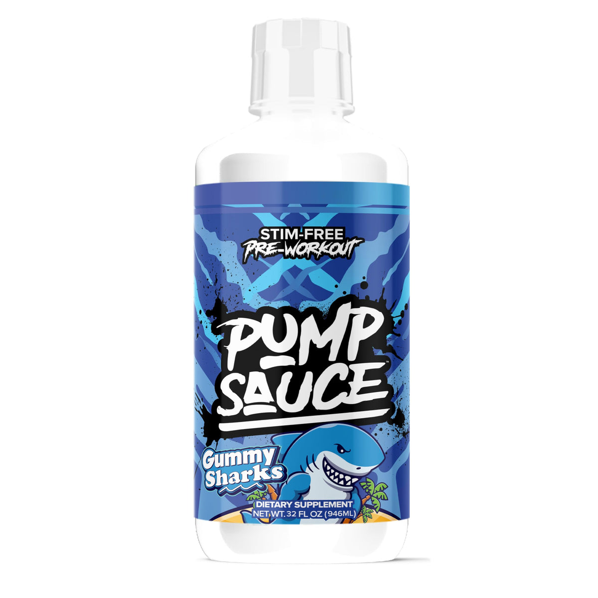 Pump Sauce botella 32oz con tiburones gomosos para entrenamientos sin cafeína y mayor bombeo.