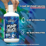 Pump Sauce frasco líquido visible, listo para mezclar antes del entrenamiento.