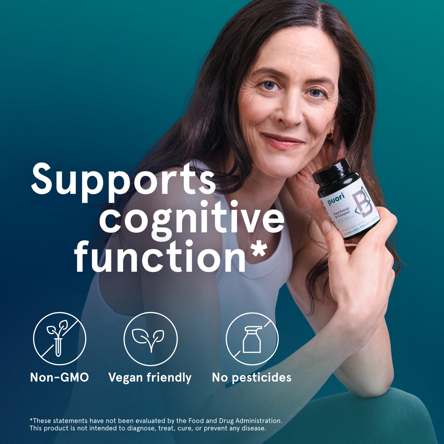 Puori Pure Energy B-Complex: foco en B6 y B12 para metabolismo y claridad mental.