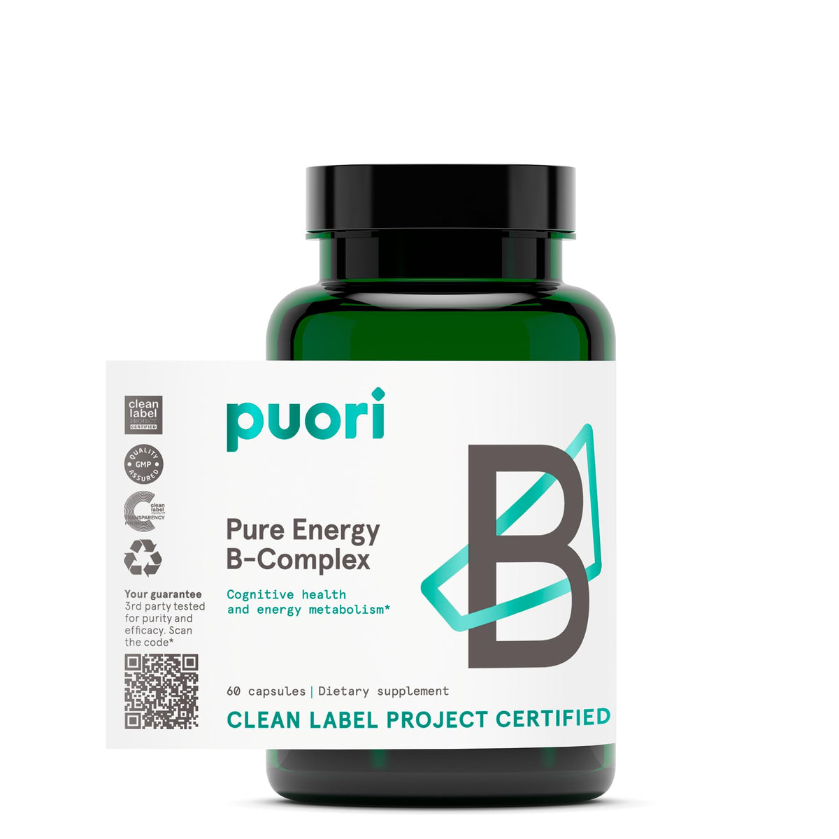 Puori Pure Energy B-Complex: botella visible con enfoque en la etiqueta y energía diaria.