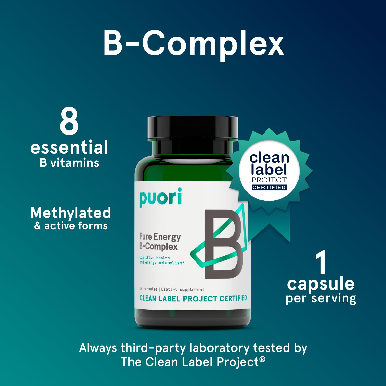 Puori Pure Energy B-Complex: cápsulas alineadas para un suministro de energía sostenida.