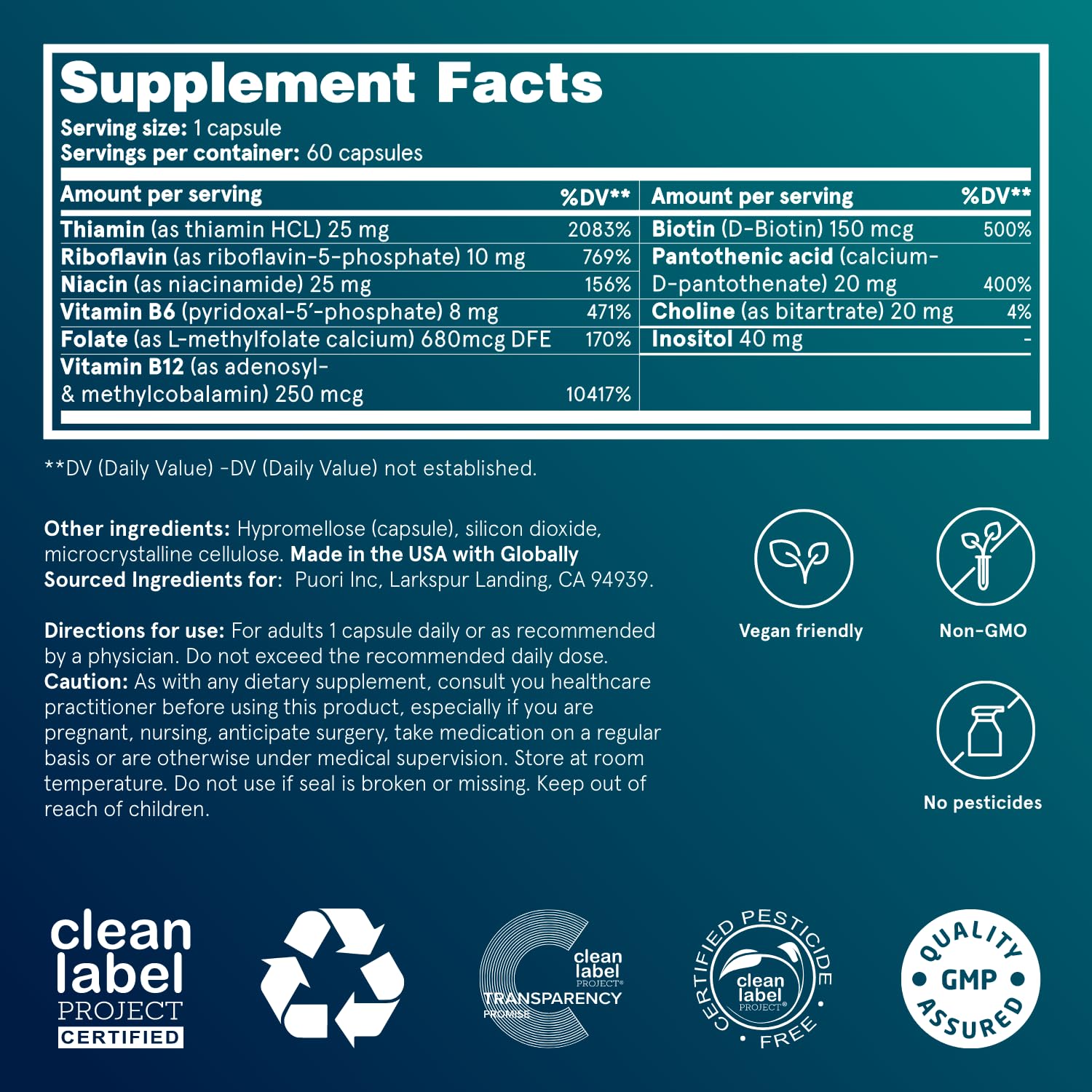 Puori Pure Energy B-Complex: etiqueta clara y vitaminas B activas para absorción.
