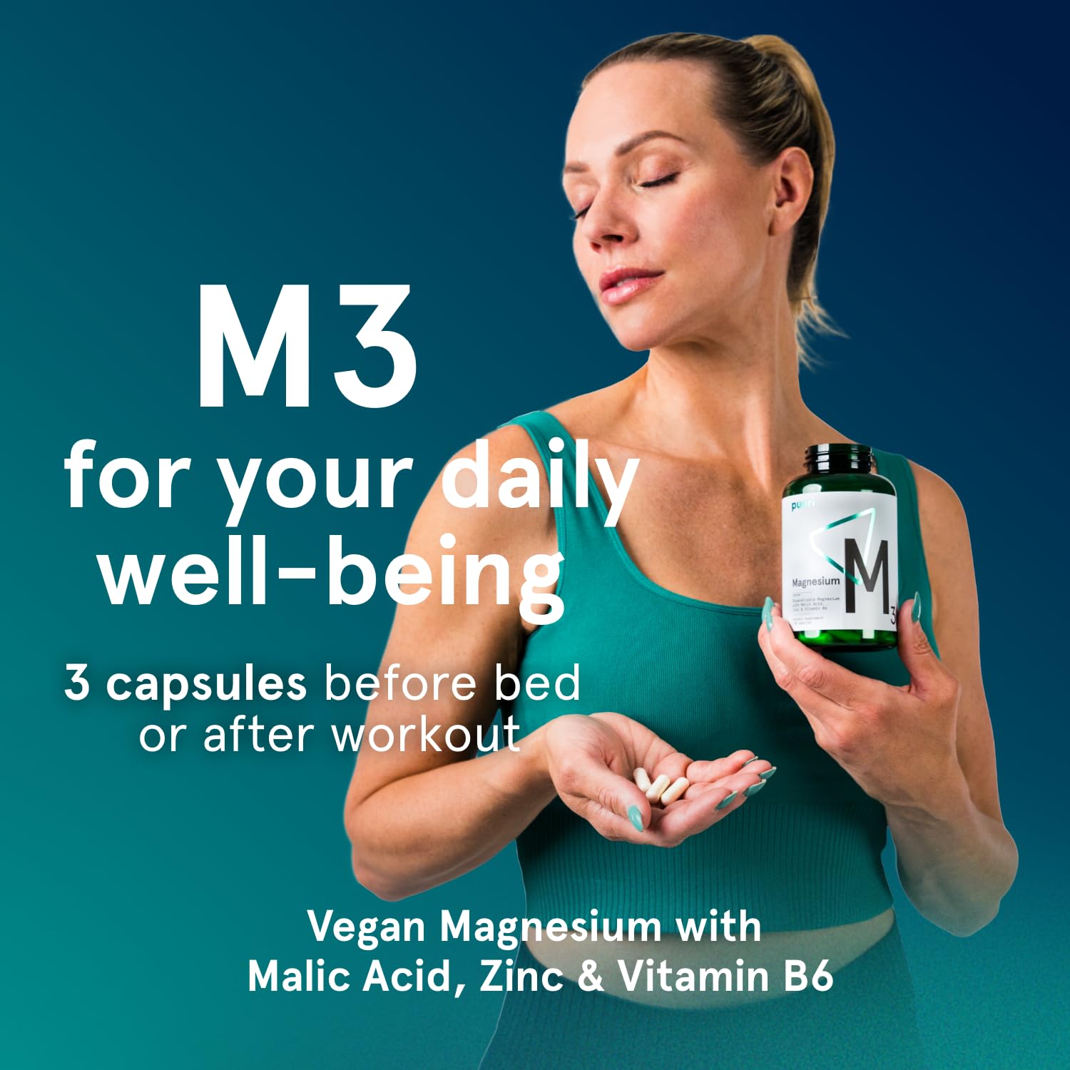 Envase de Puori Magnesium Complex con sello de pureza independiente.