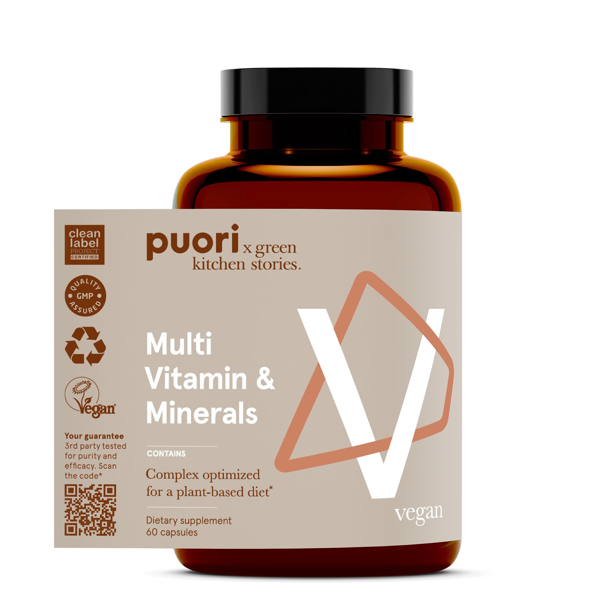 Puori Vegano Multivitamínico, bote frontal, apoyo al bienestar diario y energía sostenida.