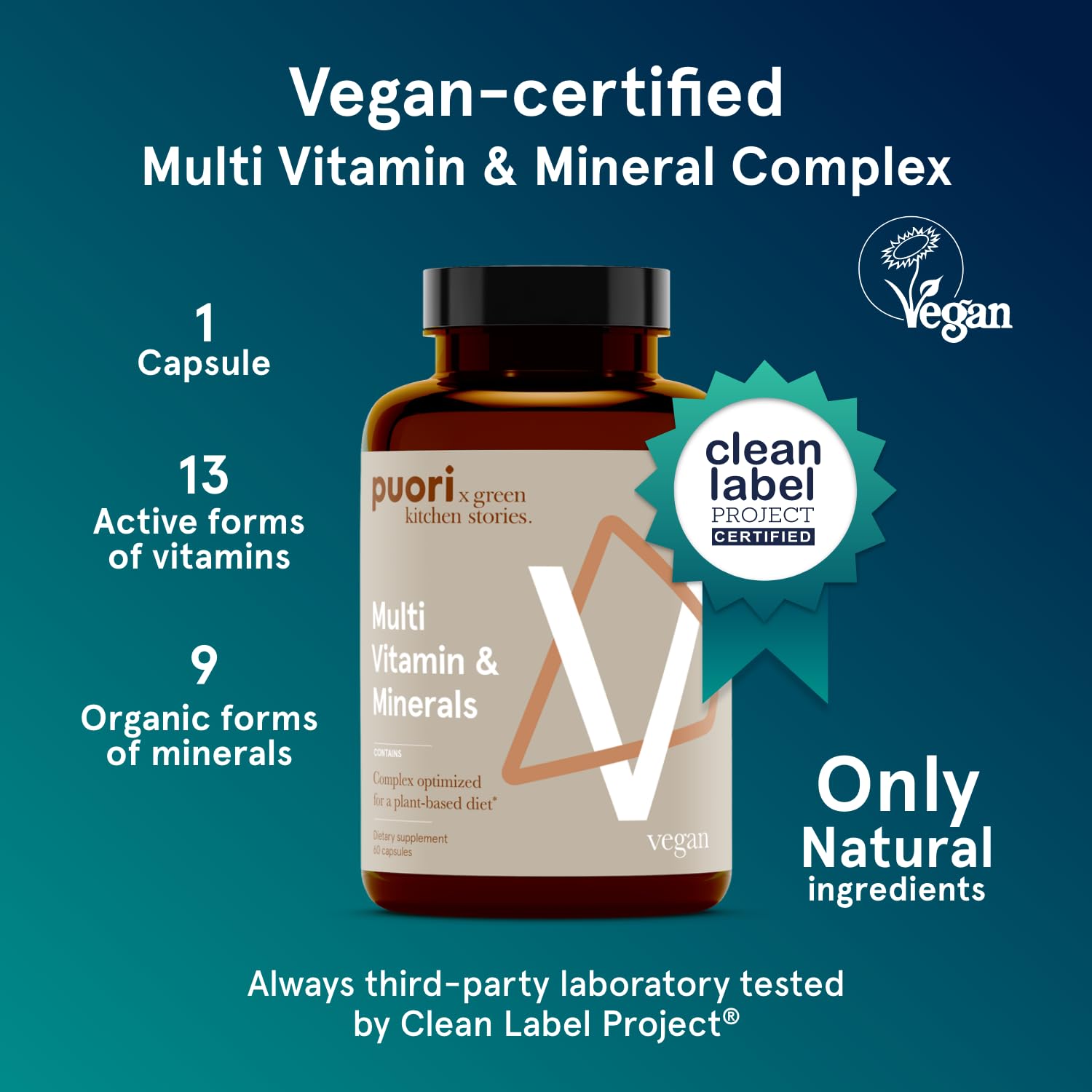 Puori Vegano Multivitamínico, cápsulas detalle, ingesta fácil para la rutina diaria.