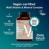 Puori Vegano Multivitamínico, cápsulas detalle, ingesta fácil para la rutina diaria.