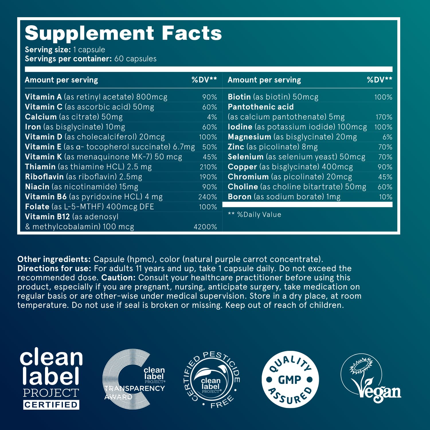 Puori Vegano Multivitamínico, cápsulas moradas naturales por extracto de zanahoria.