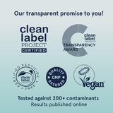 Puori Vegano Multivitamínico, etiqueta con código QR, transparencia y pruebas de pureza.