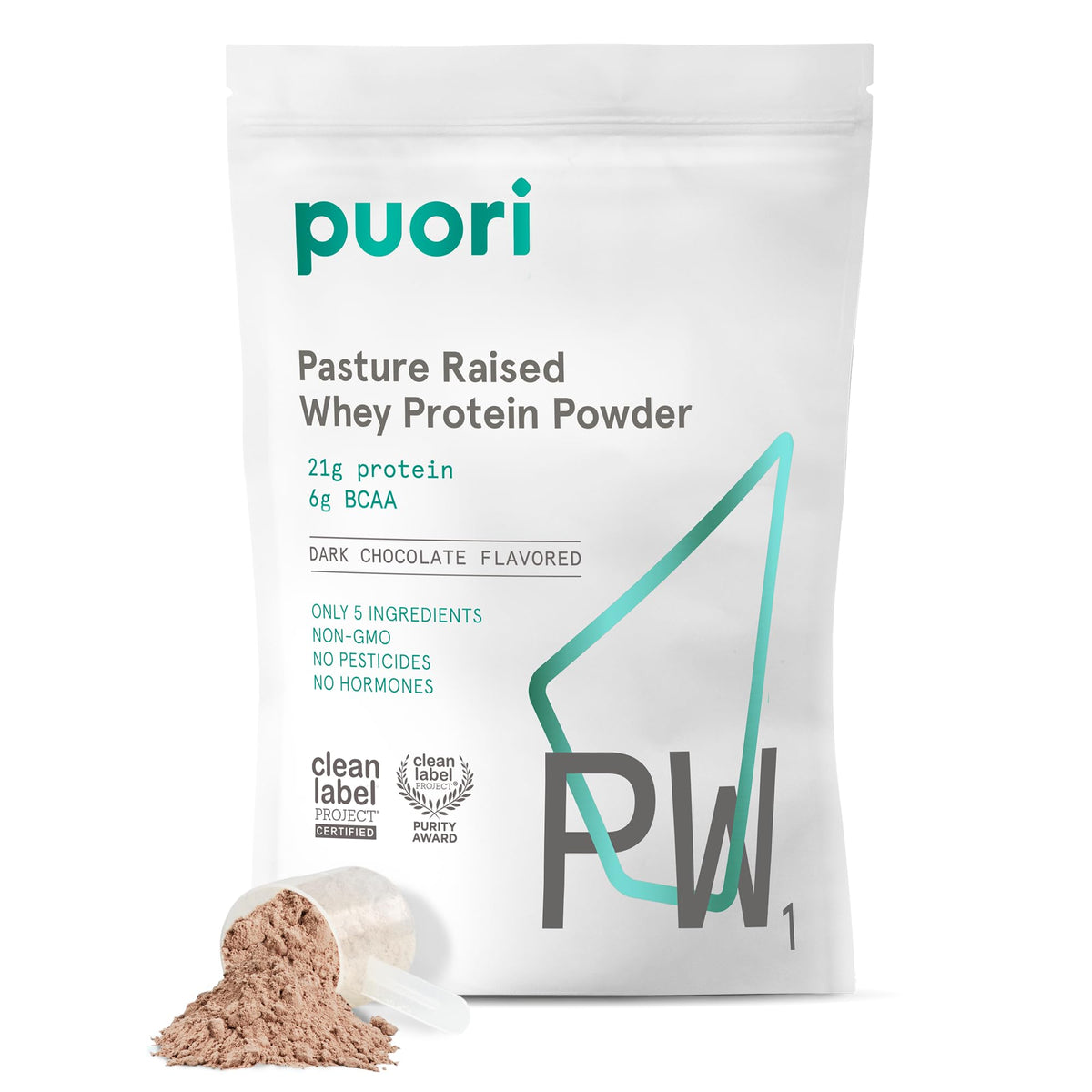 Puori PW1 en envase de chocolate oscuro, proteína limpia de alta calidad.