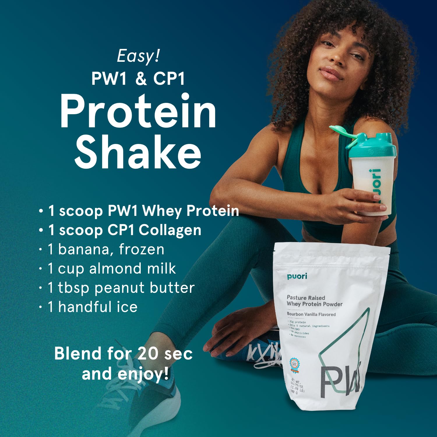 Puori PW1 mezcla con leche vegetal para batido suave.