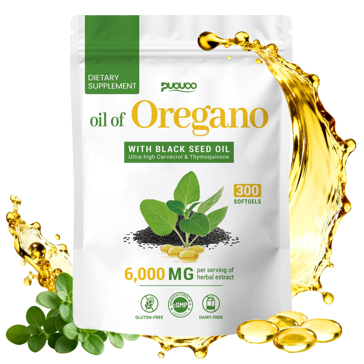 Puouoo aceite de oregano 2 en 1 en frasco, aroma herbal para bienestar diario.