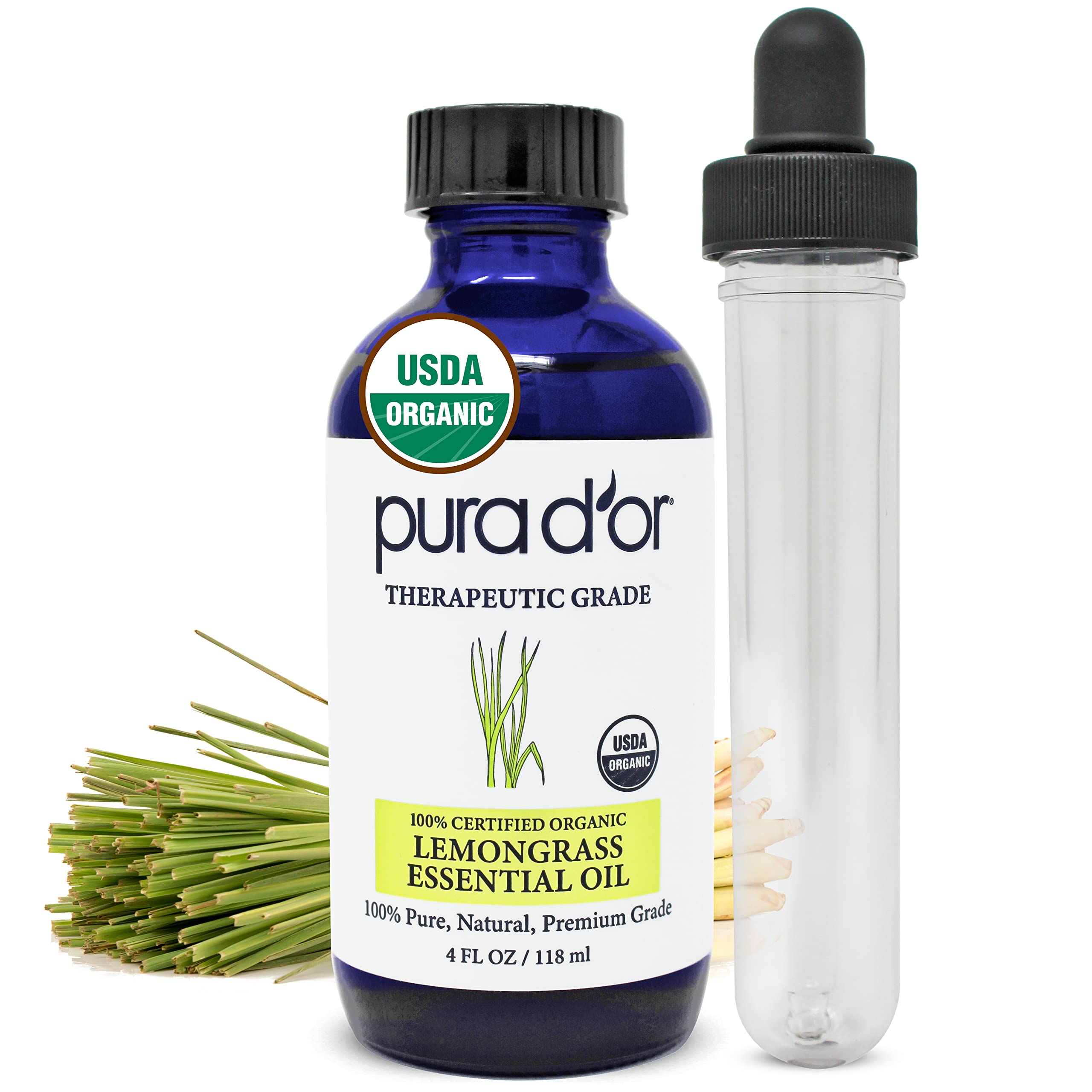 PURA D'OR Aceite Lemongrass en botella de 4 oz, ideal para piel y cabello y aroma vigorizante.