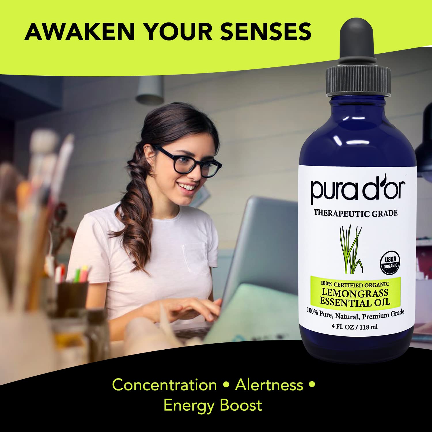 PURA D'OR Lemongrass, difusor aromático para relajación y claridad mental.