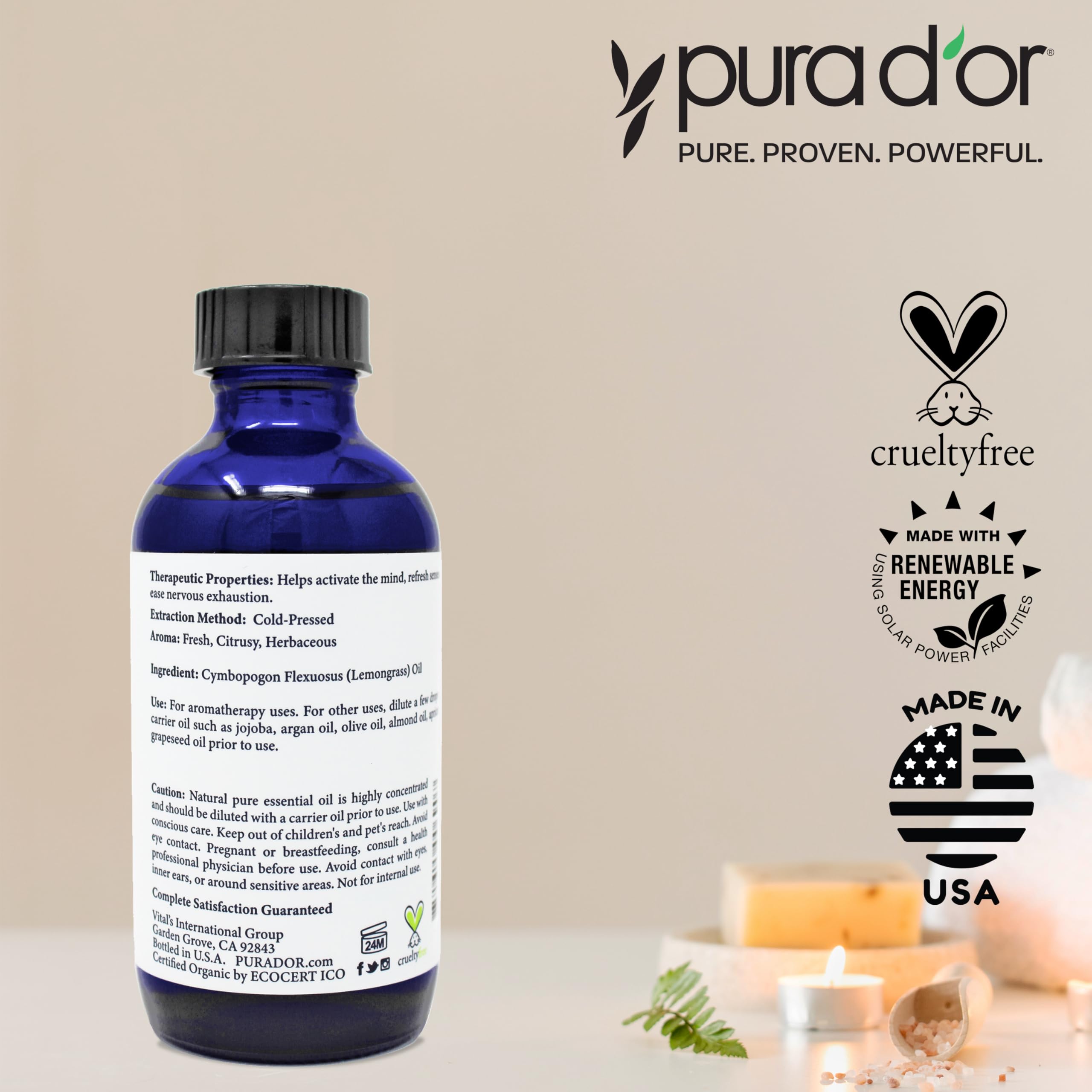 PURA D'OR Lemongrass, uso para masaje relajante y bienestar.