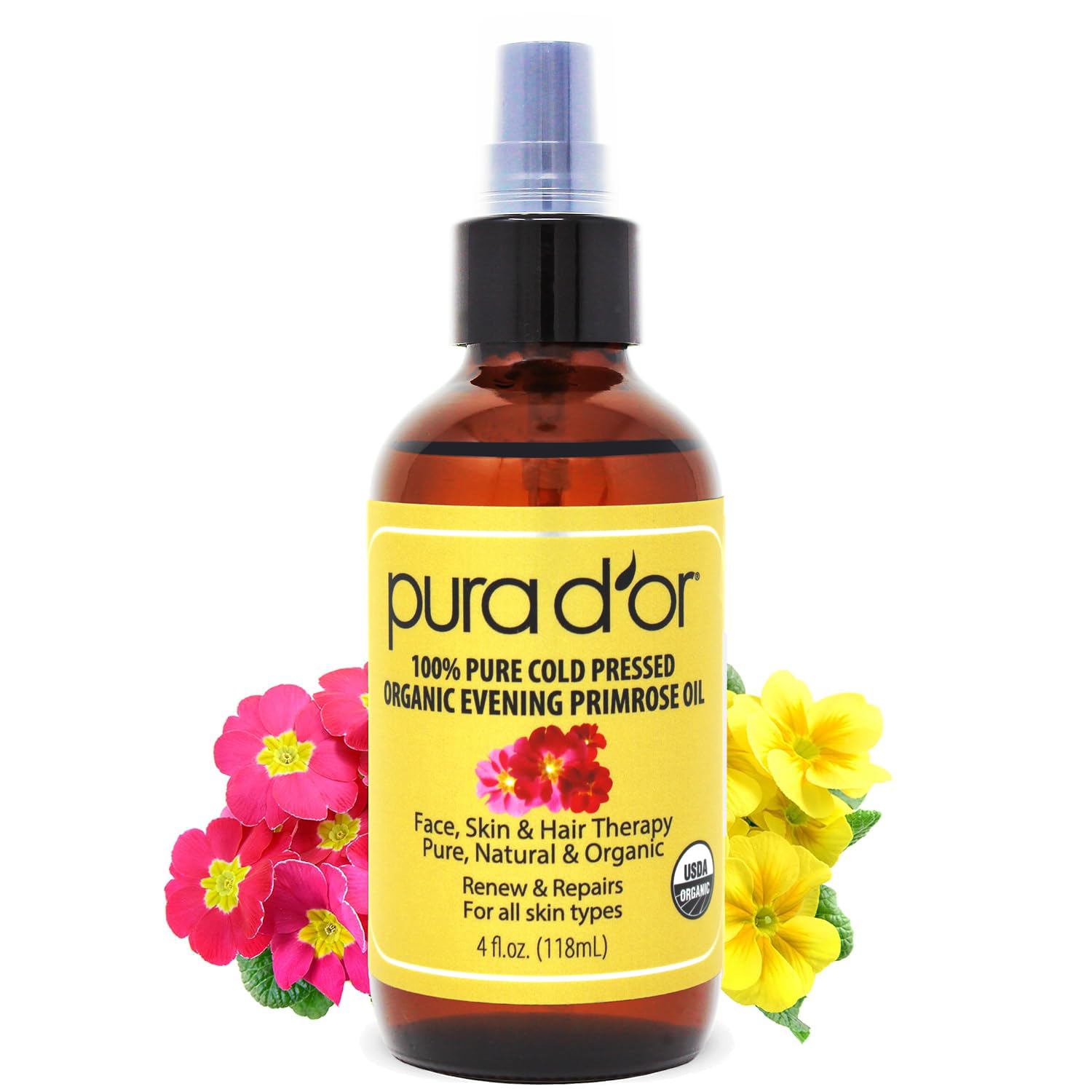 PURA D'OR Aceite de Onagra Orgánico 118 ml, frasco para hidratación facial.
