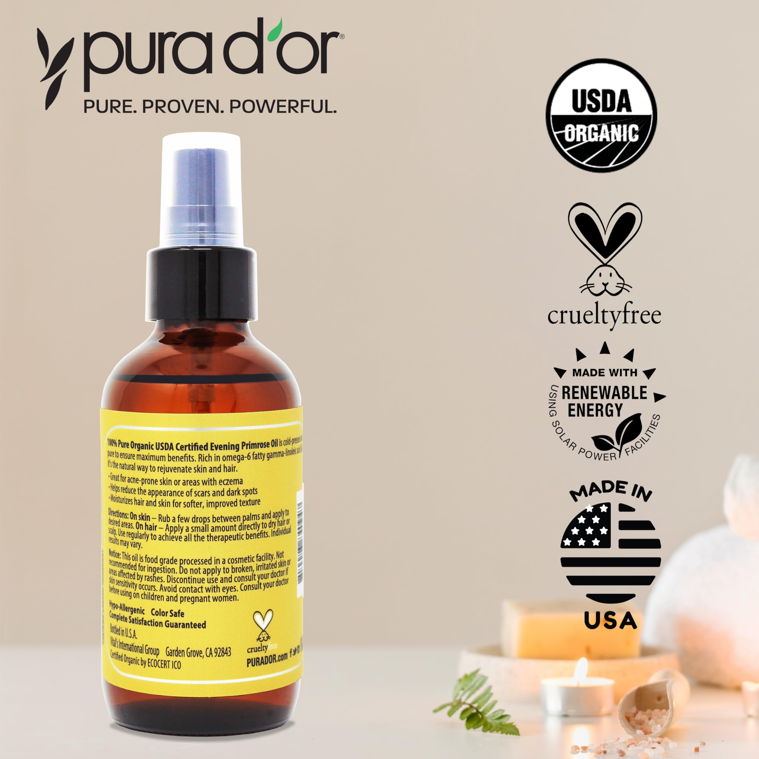PURA D'OR Aceite de Onagra Orgánico aporta brillo natural al cabello.