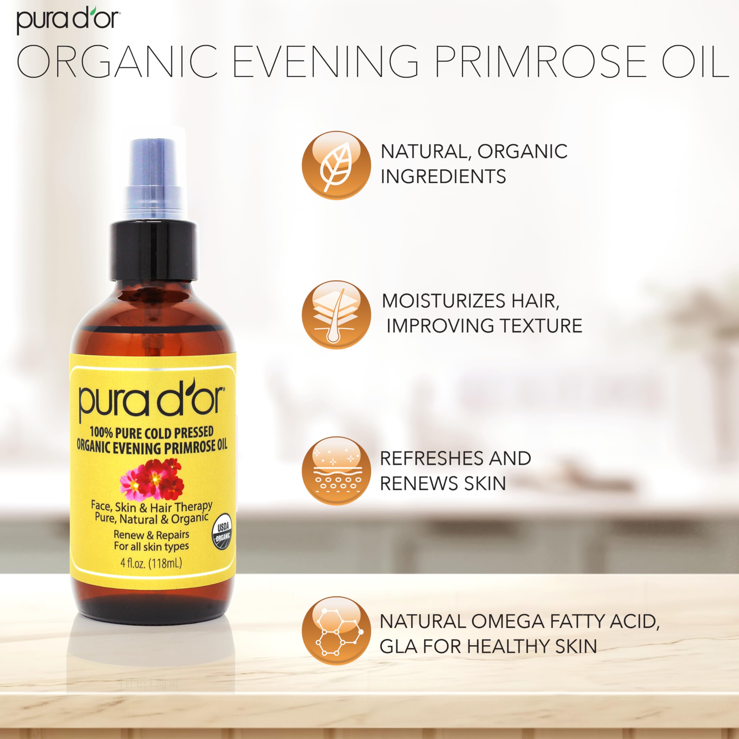 PURA D'OR Aceite de Onagra Orgánico muestra textura amarilla al aplicar.