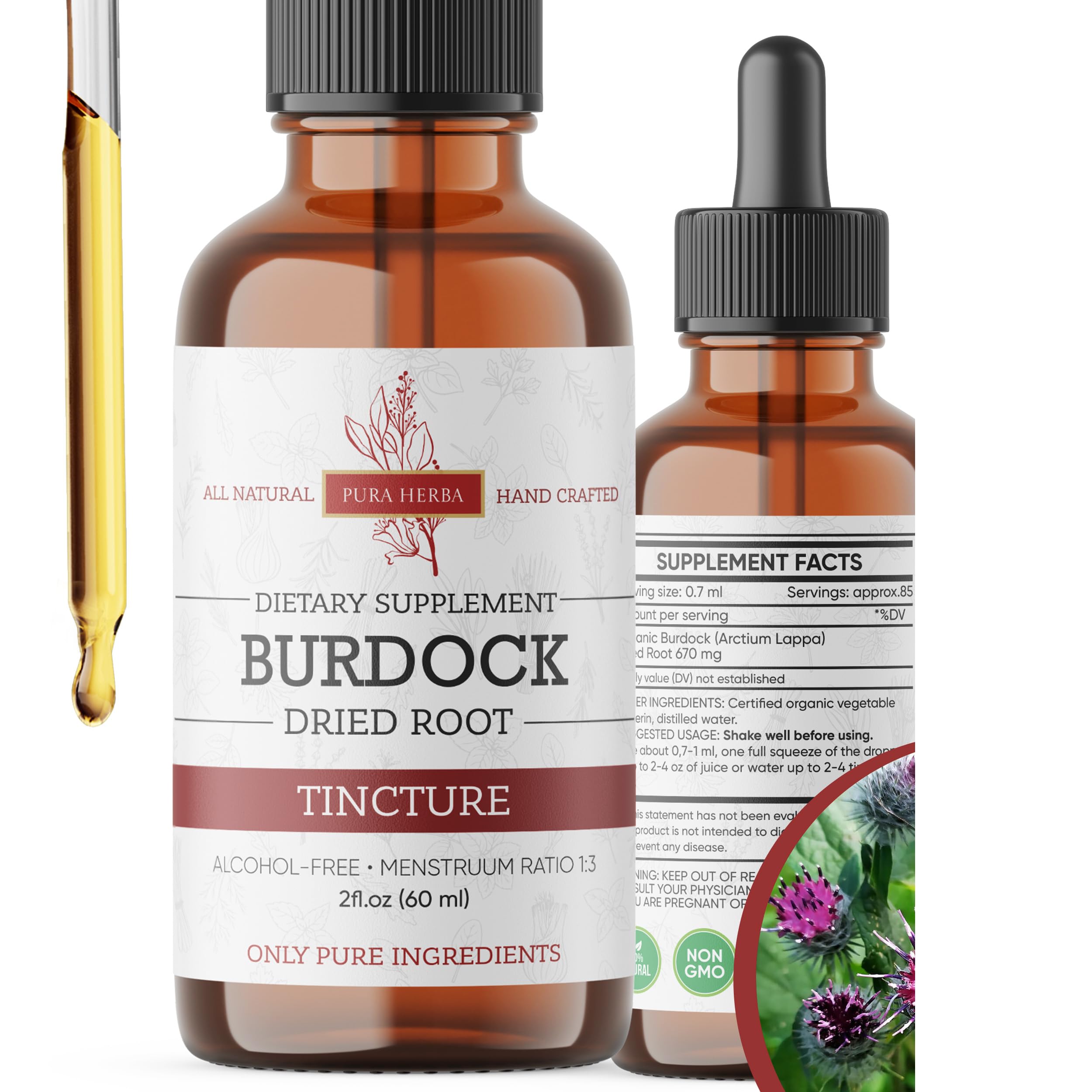Pura Herba: botella con cuentagotas de bardana para uso diario.