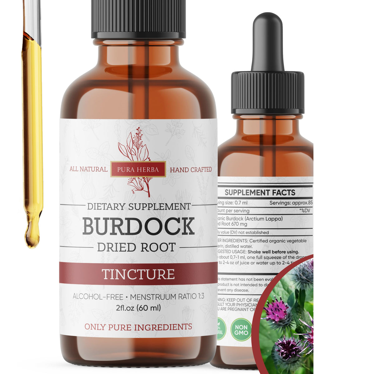 Pura Herba: botella con cuentagotas de bardana para uso diario.