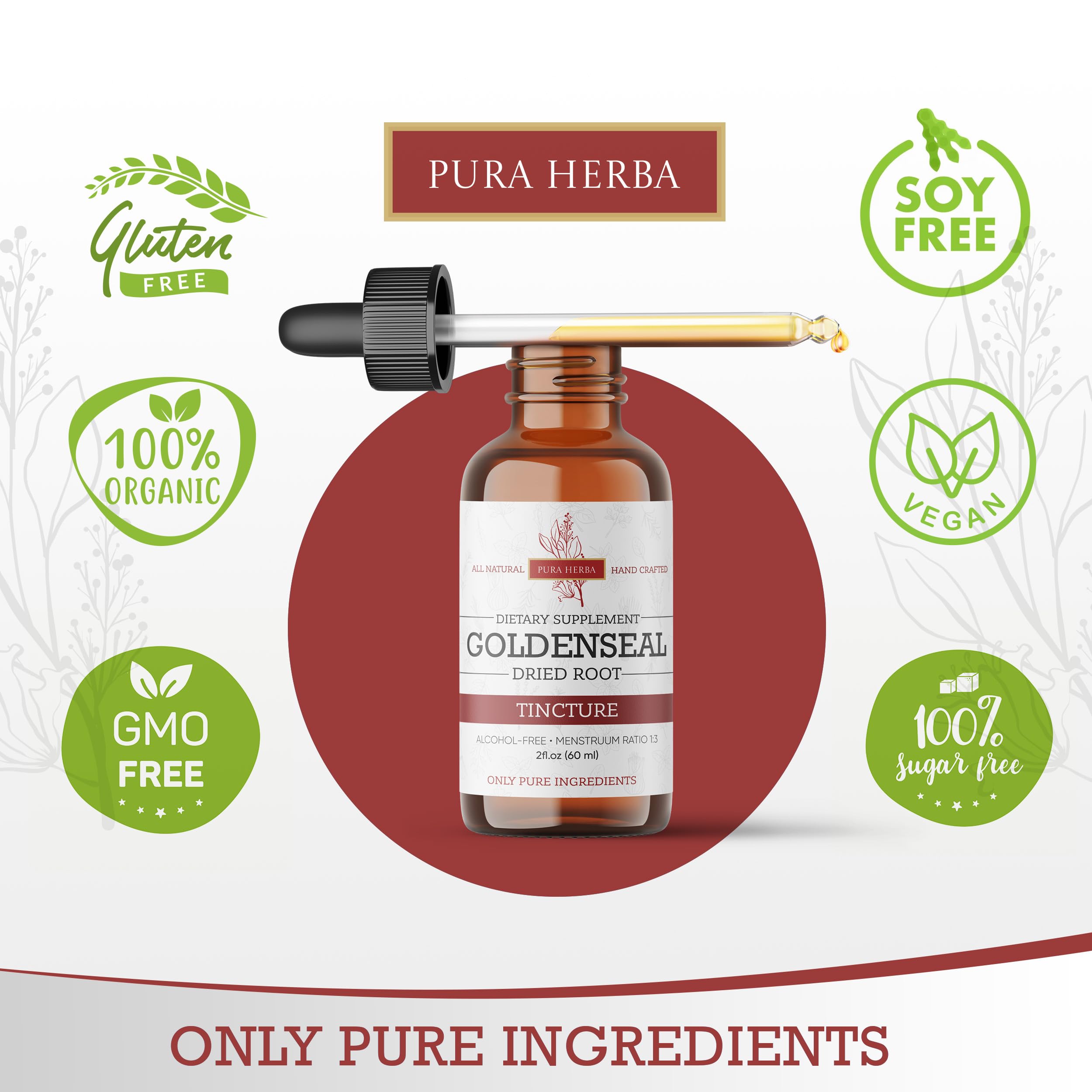 Tintura Goldenseal de Pura Herba fabricada en EE.UU. sin alcohol