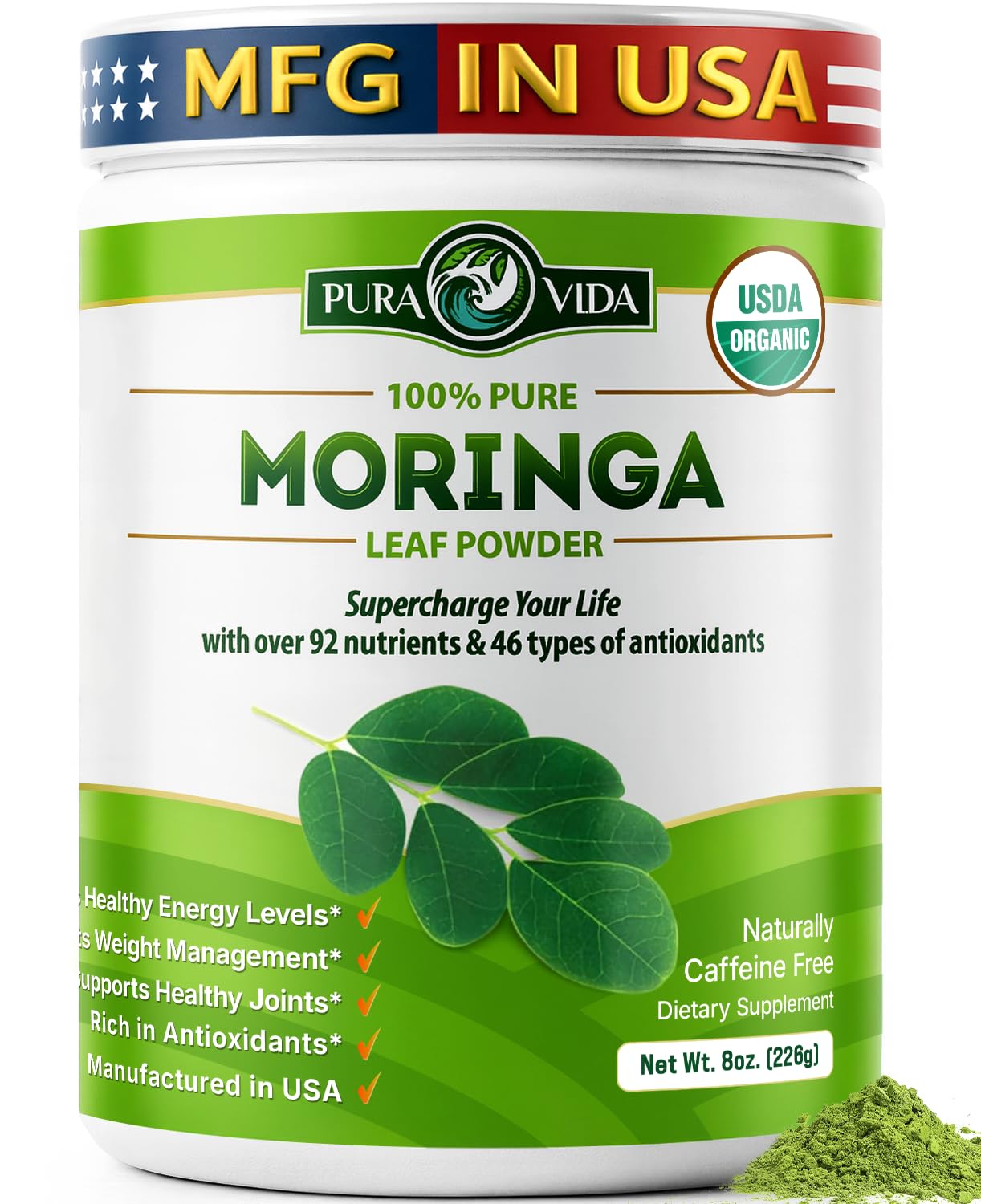 PURA VIDA MORINGA: polvo de hojas 100% orgánico para batidos nutritivos.
