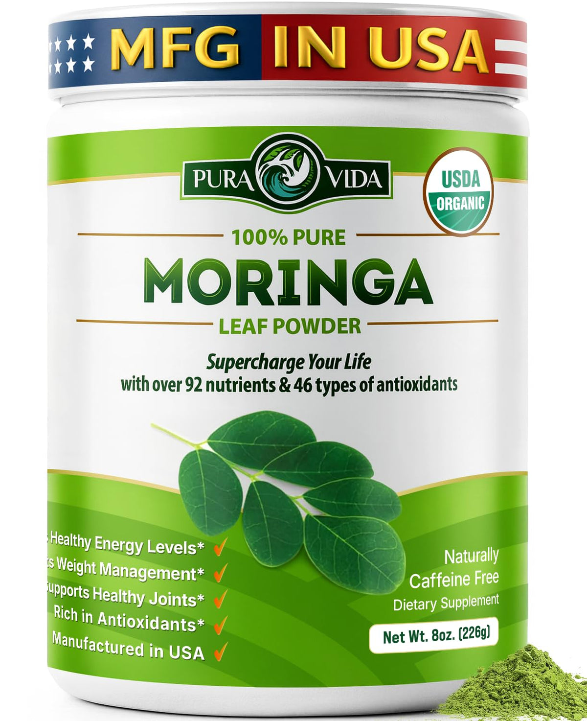 PURA VIDA MORINGA: polvo de hojas 100% orgánico para batidos nutritivos.