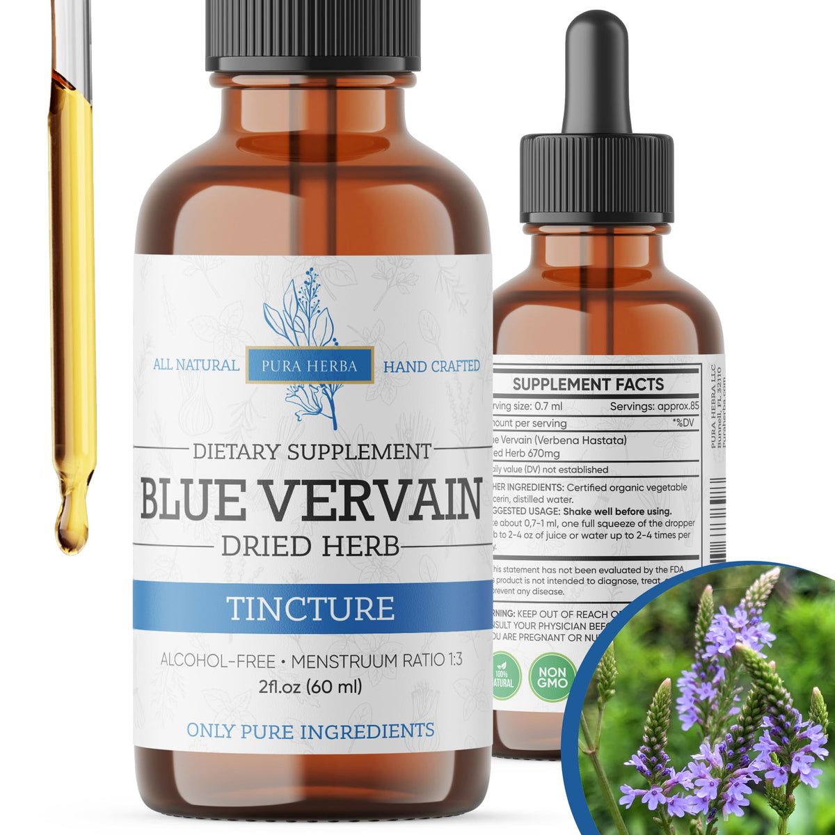 Pura Herba Blue Vervain, botella de tintura, promueve relajación suave.