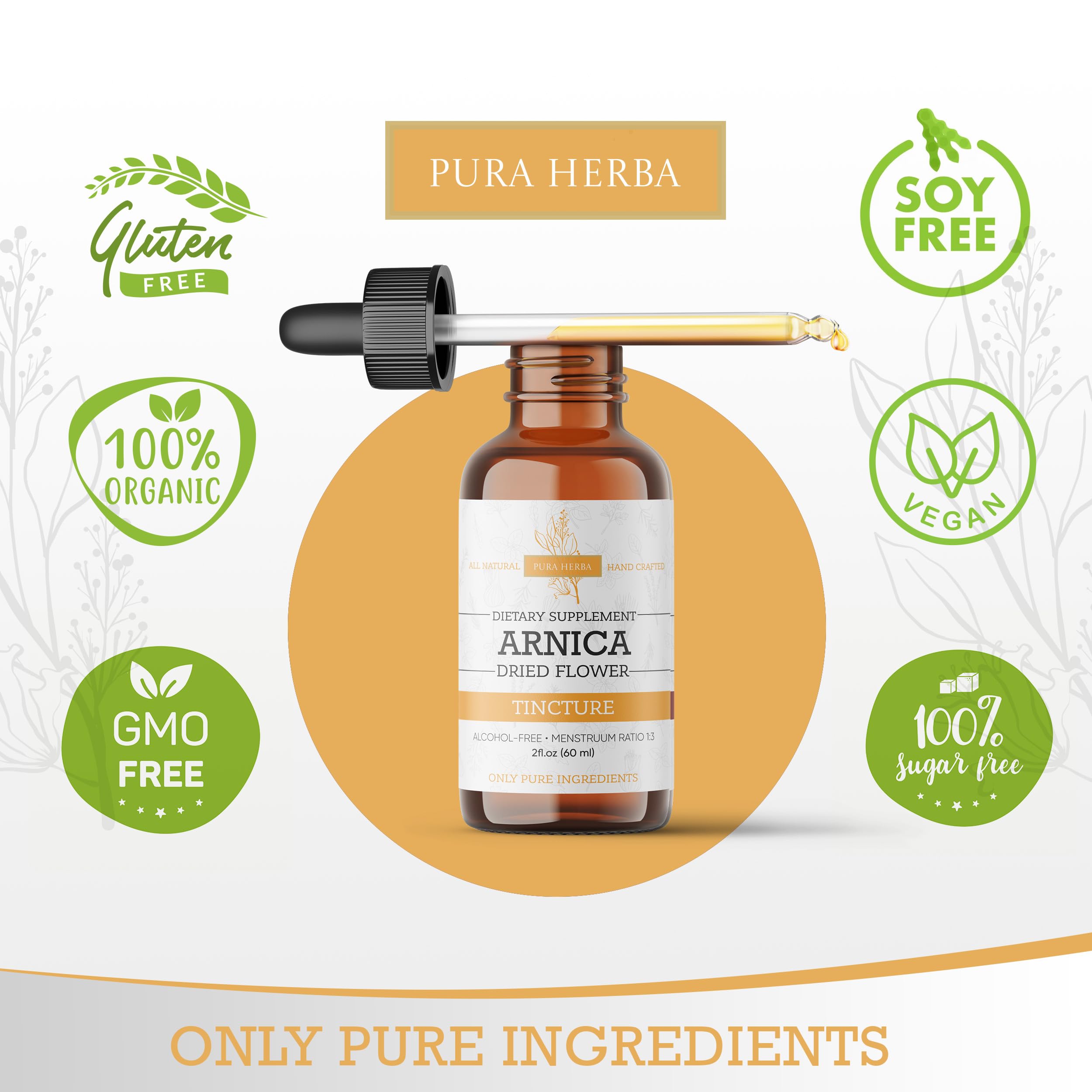 Pura Herba Arnica Extracto con etiqueta destacada, opción vegetal sin alcohol para tu rutina.