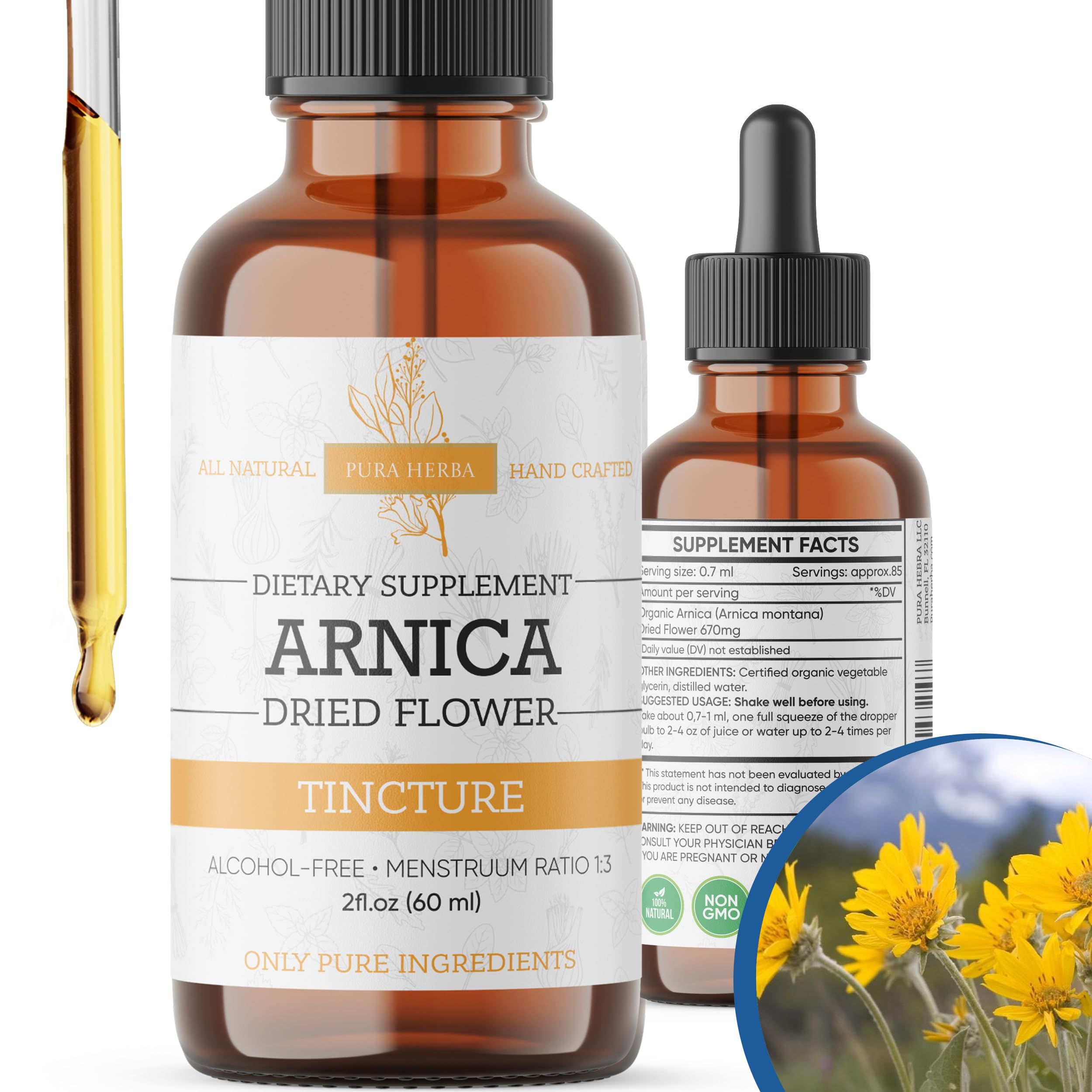 Pura Herba Arnica Extracto líquido en botella, alivio suave para músculos y articulaciones.