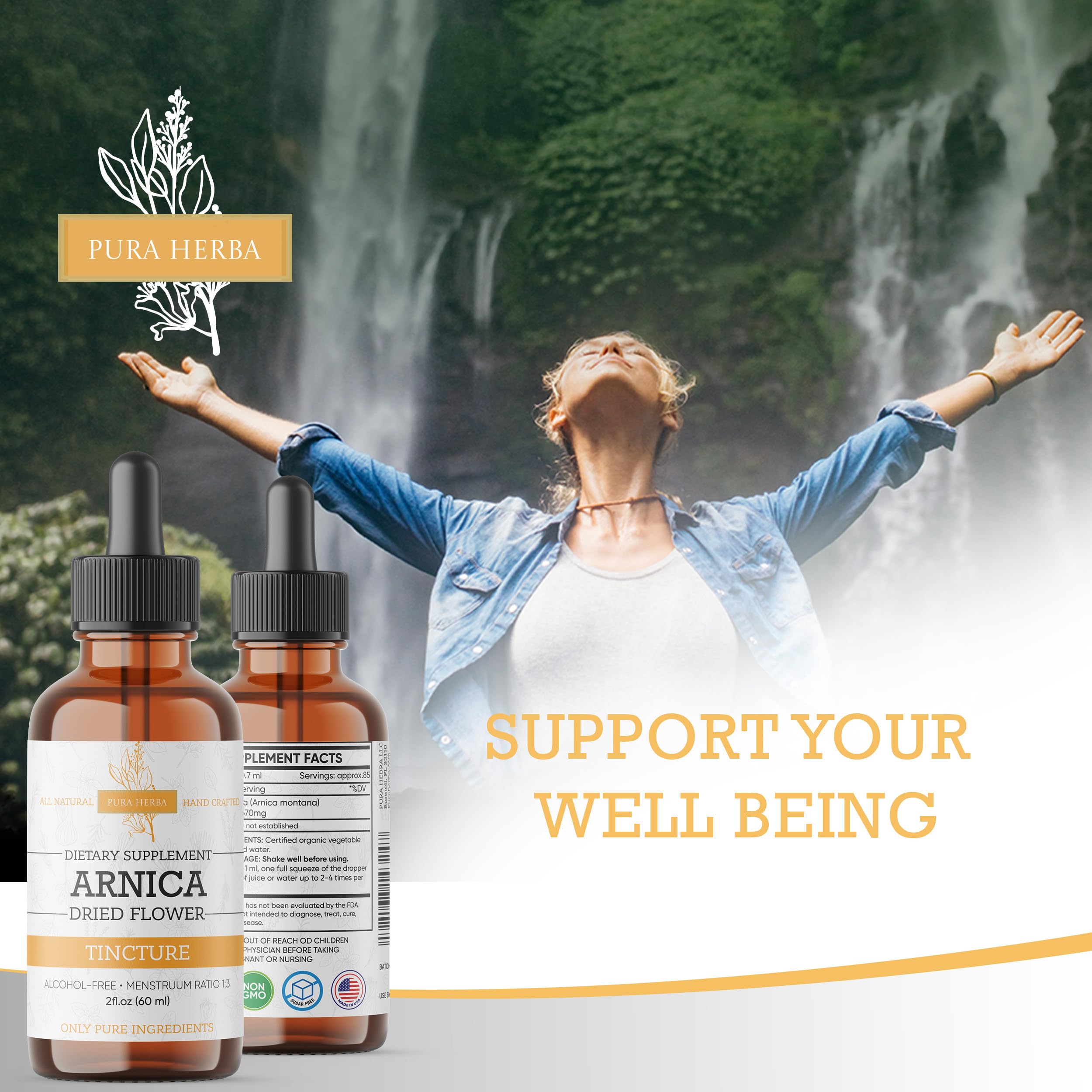 Pura Herba Arnica Extracto líquido con gotero, absorción rápida para comodidad diaria.