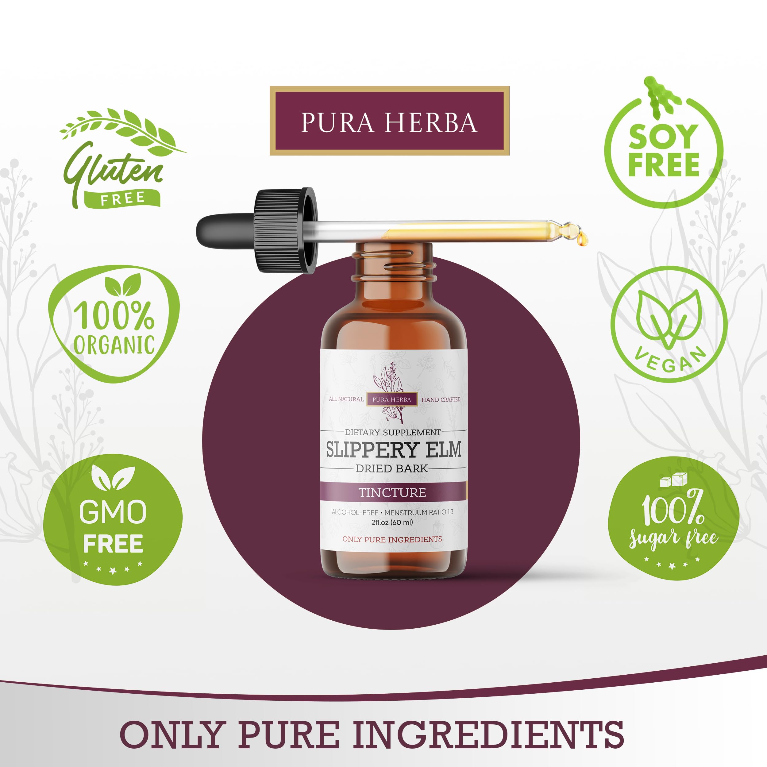Pura Herba Olmo Resbaladizo: Etiqueta clara y natural que inspira confianza.