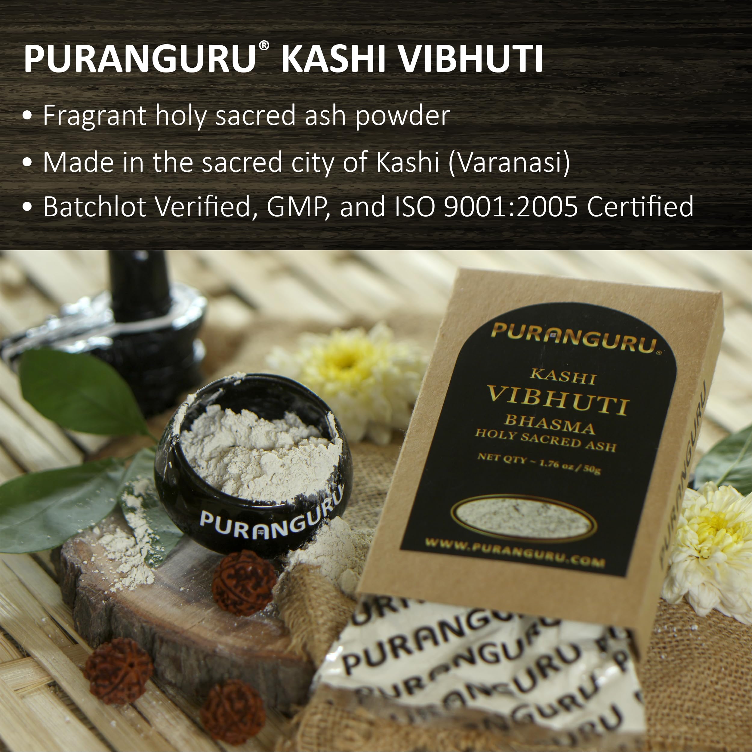 PURANGURU Kashi Vibhuti Tilak en frente, uso ceremonial Tripundra para adoración diaria.