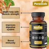 Puranicals Ashwagandha Premium: información impresa con dosis diaria recomendada.