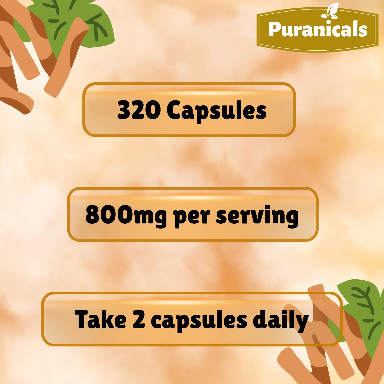 Puranicals Ashwagandha Premium: cápsulas apiladas para ver tamaño y presentación.