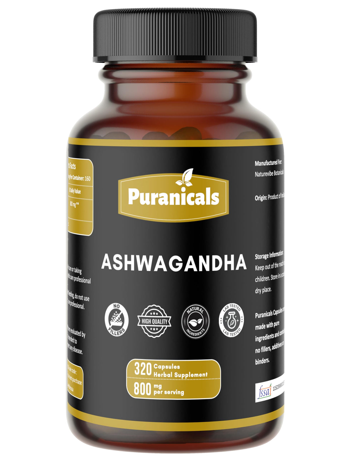 Puranicals Ashwagandha Premium: cápsulas en primer plano para apoyo al bienestar diario.