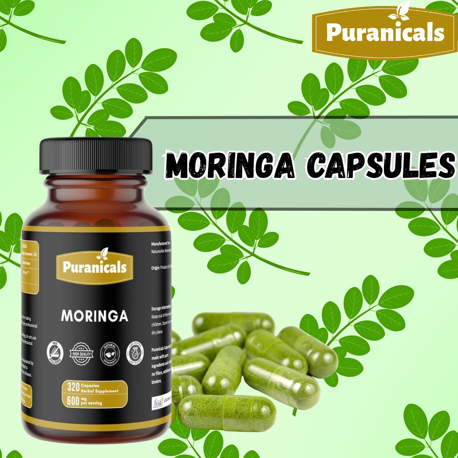Puranicals Moringa Premium etiqueta frontal, información clara de ingredientes.
