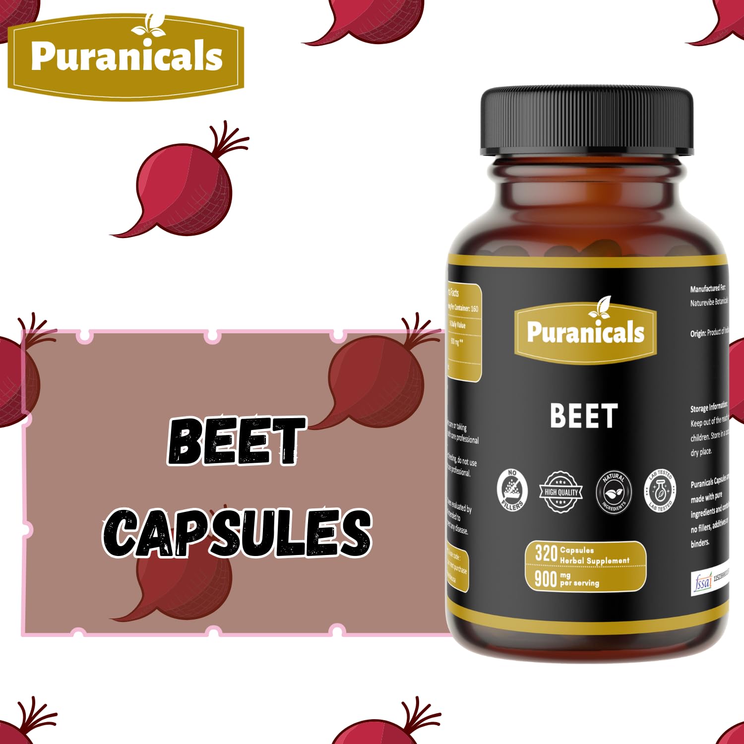 Puranicals Beet Premium cápsulas dentro del frasco para toma fácil.