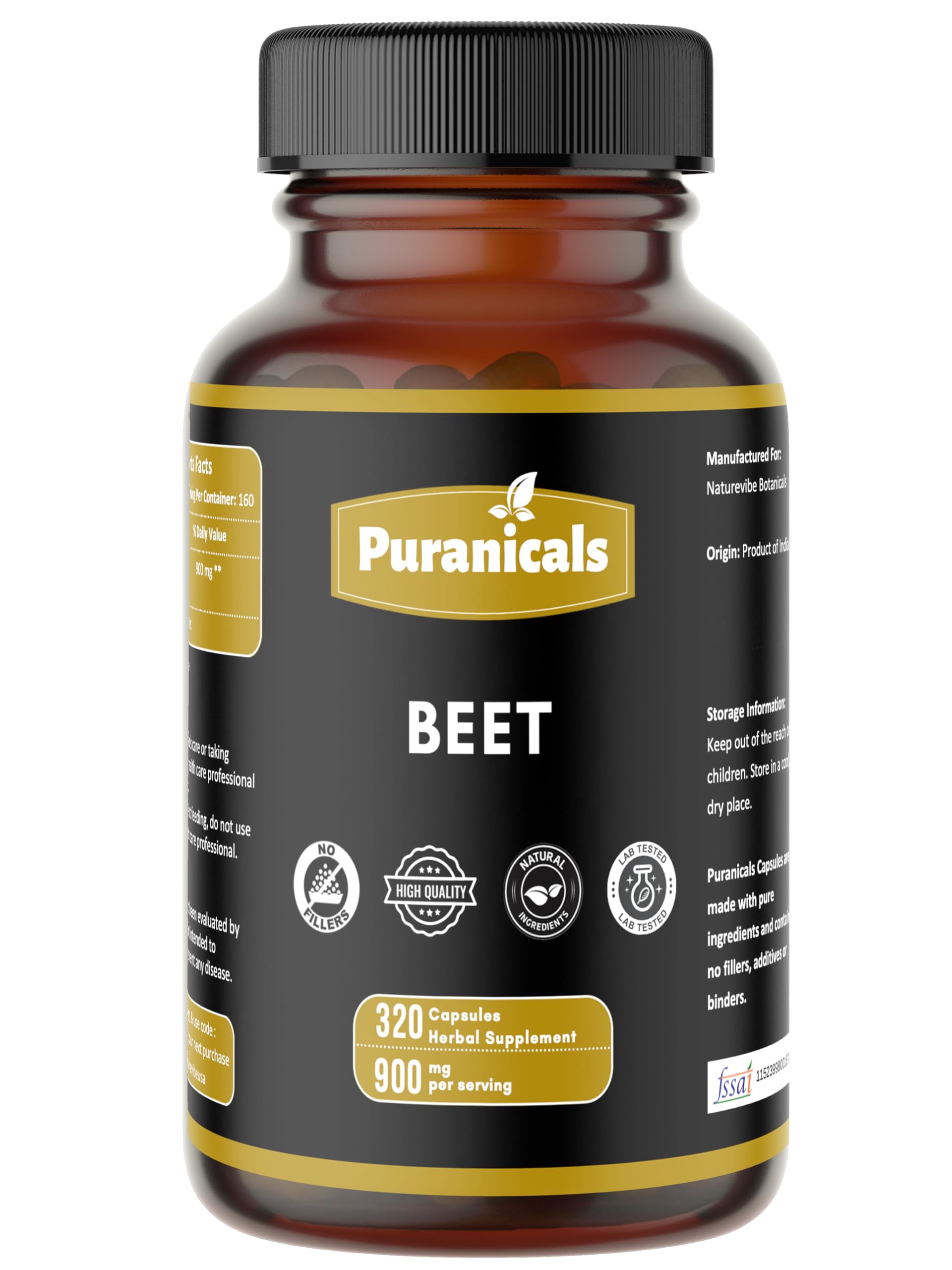 Puranicals Beet Premium: bote de 320 cápsulas para la rutina diaria.