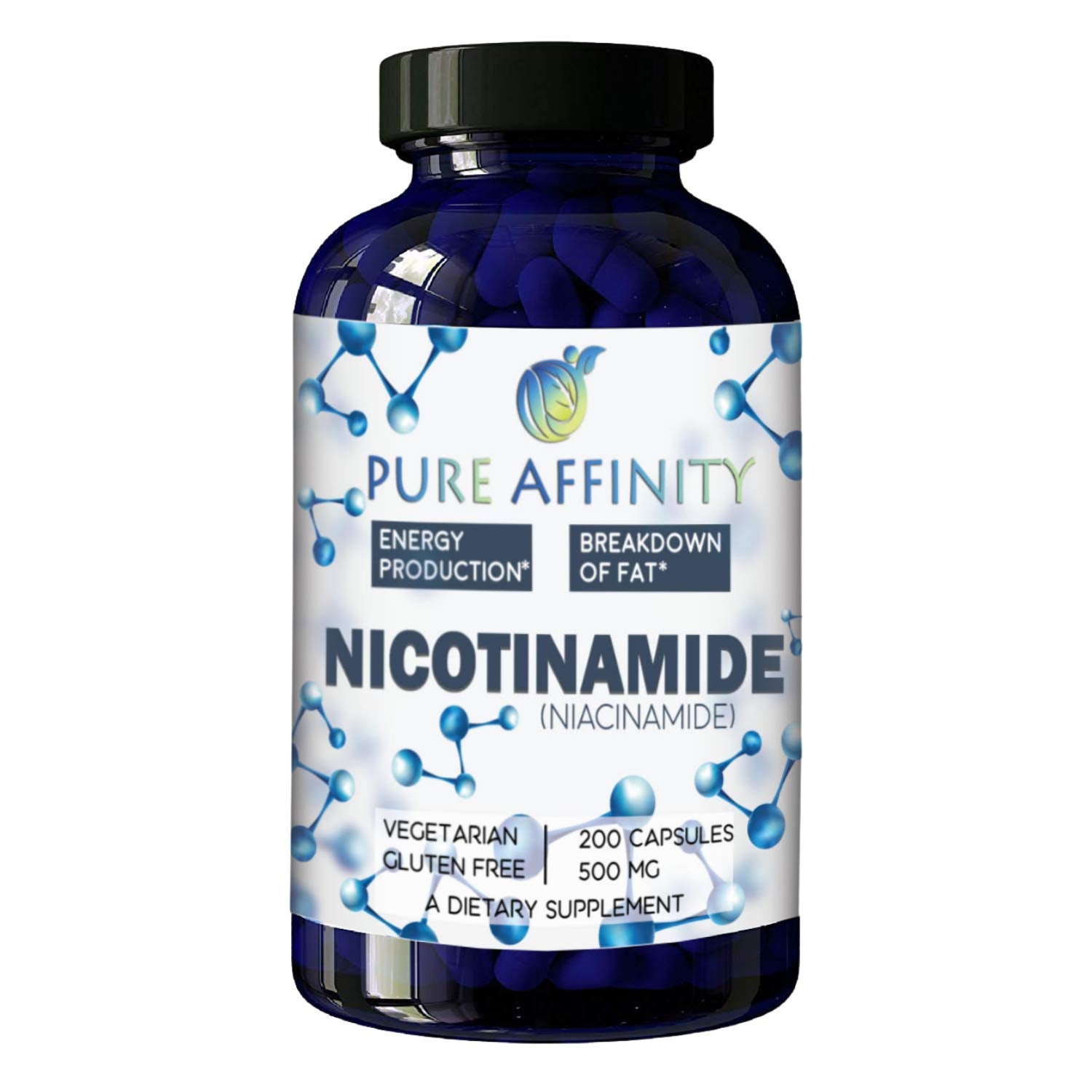 Pure Affinity Nicotinamida 500 mg: botella de 200 cápsulas para energía diaria.